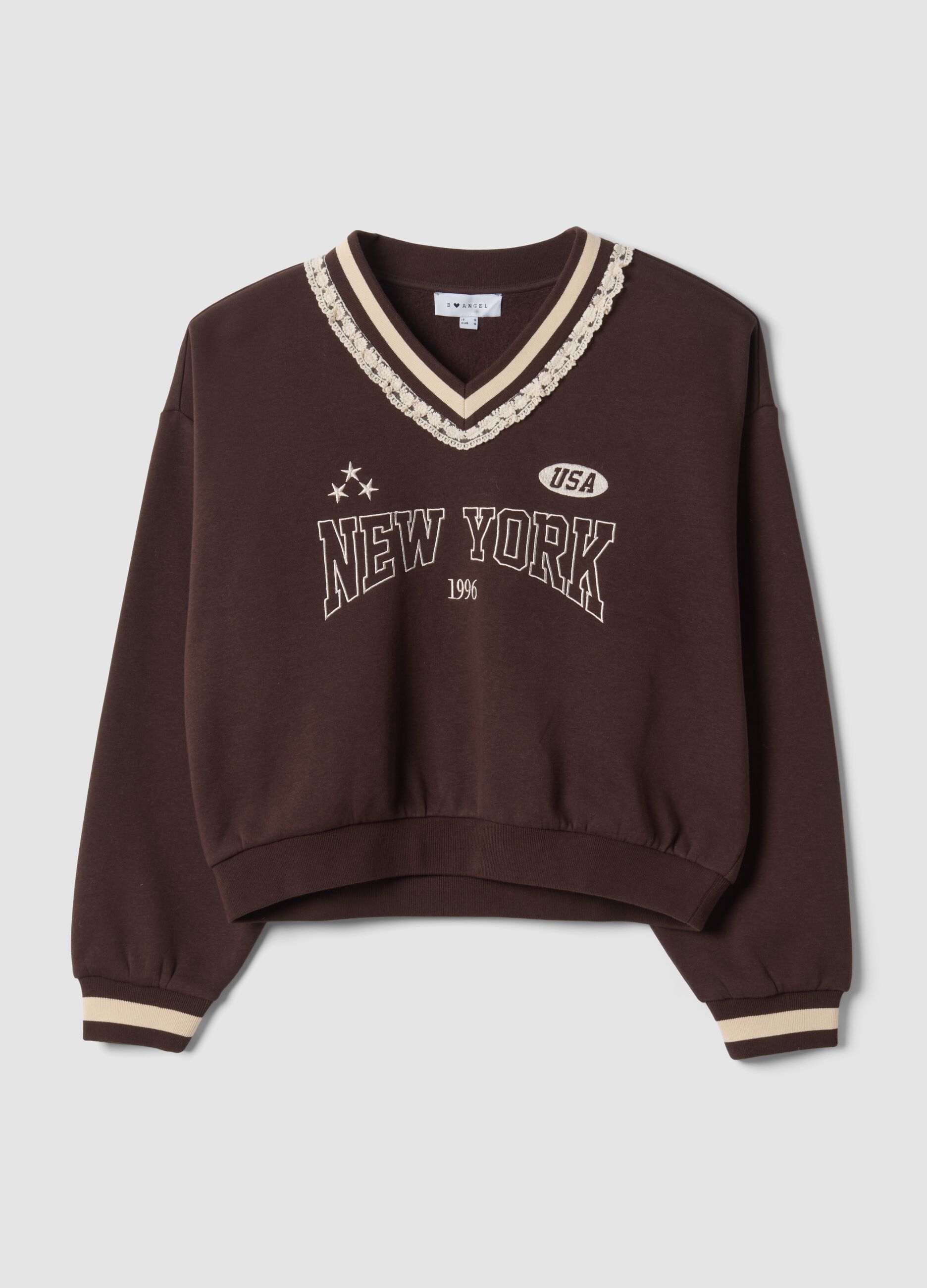 Brown cotton-blend sweatshirt with V-neck and lace detailing