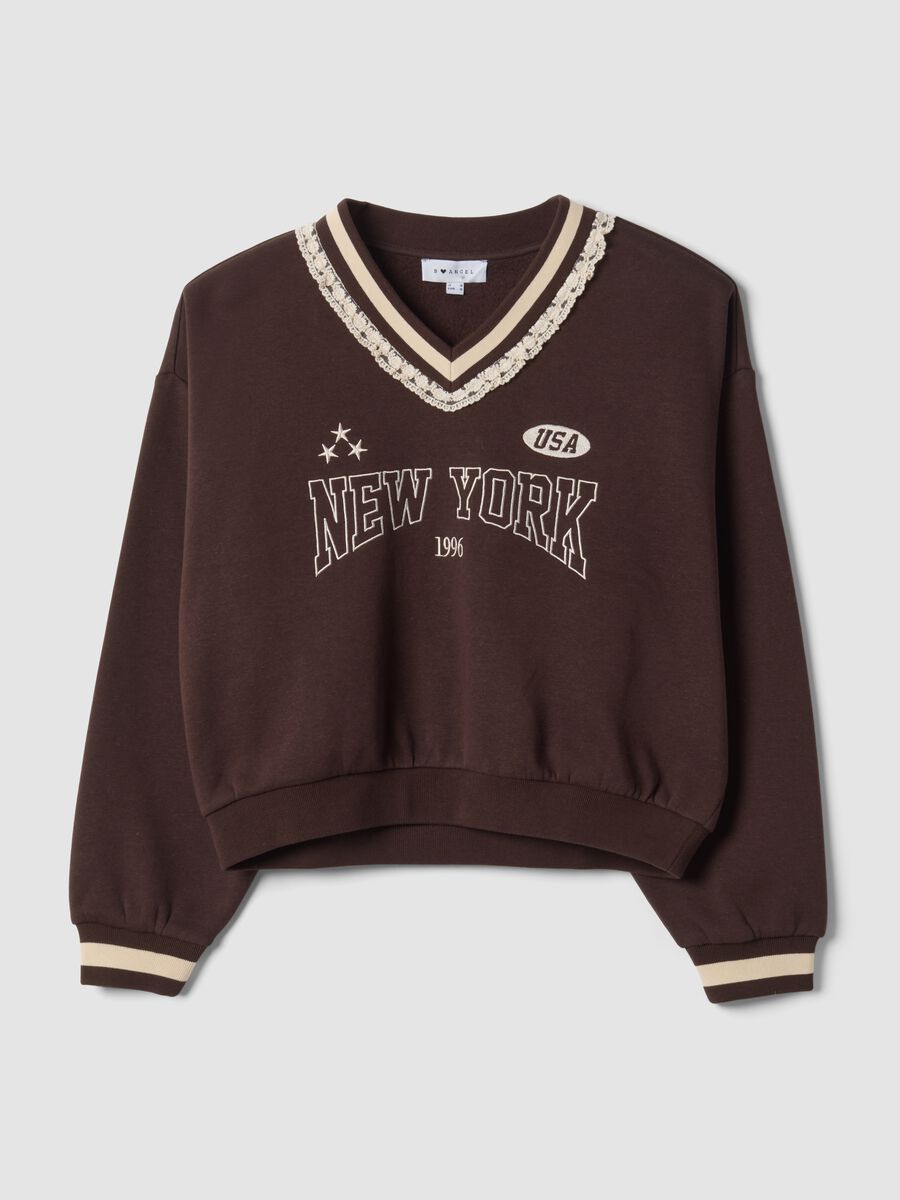 Brown cotton-blend sweatshirt with V-neck and lace detailing_0