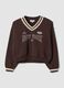 Brown cotton-blend sweatshirt with V-neck and lace detailing_0