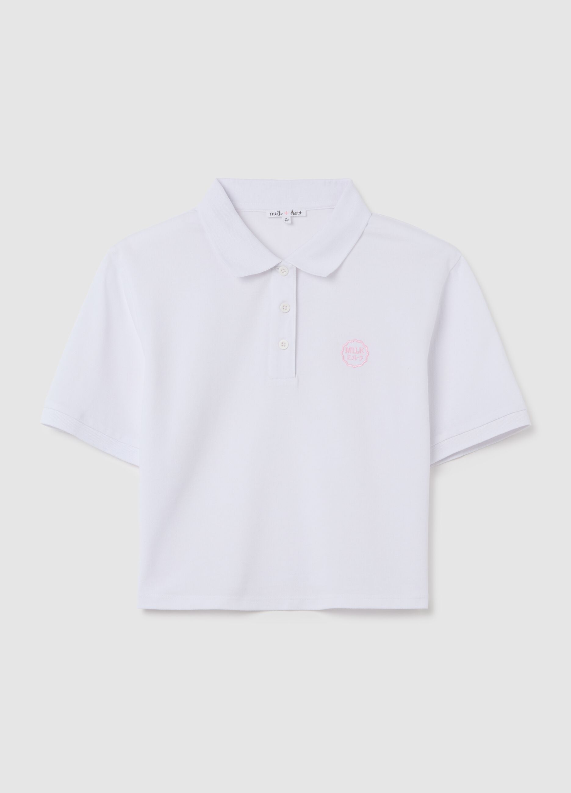 Women's pure white cotton polo, regular fit with classic collar and embroidered logo