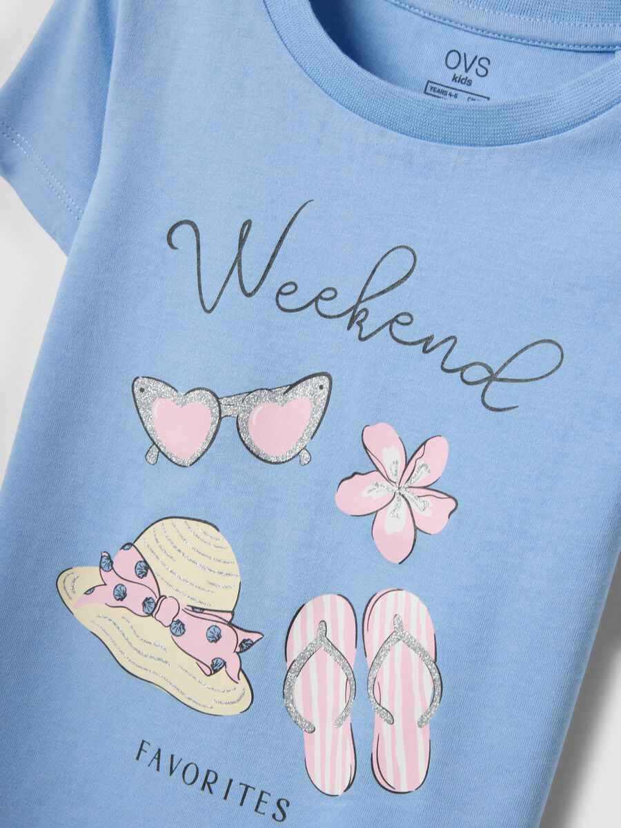 T-shirt azzurra in puro cotone organico da bambina con stampa e glitter_3