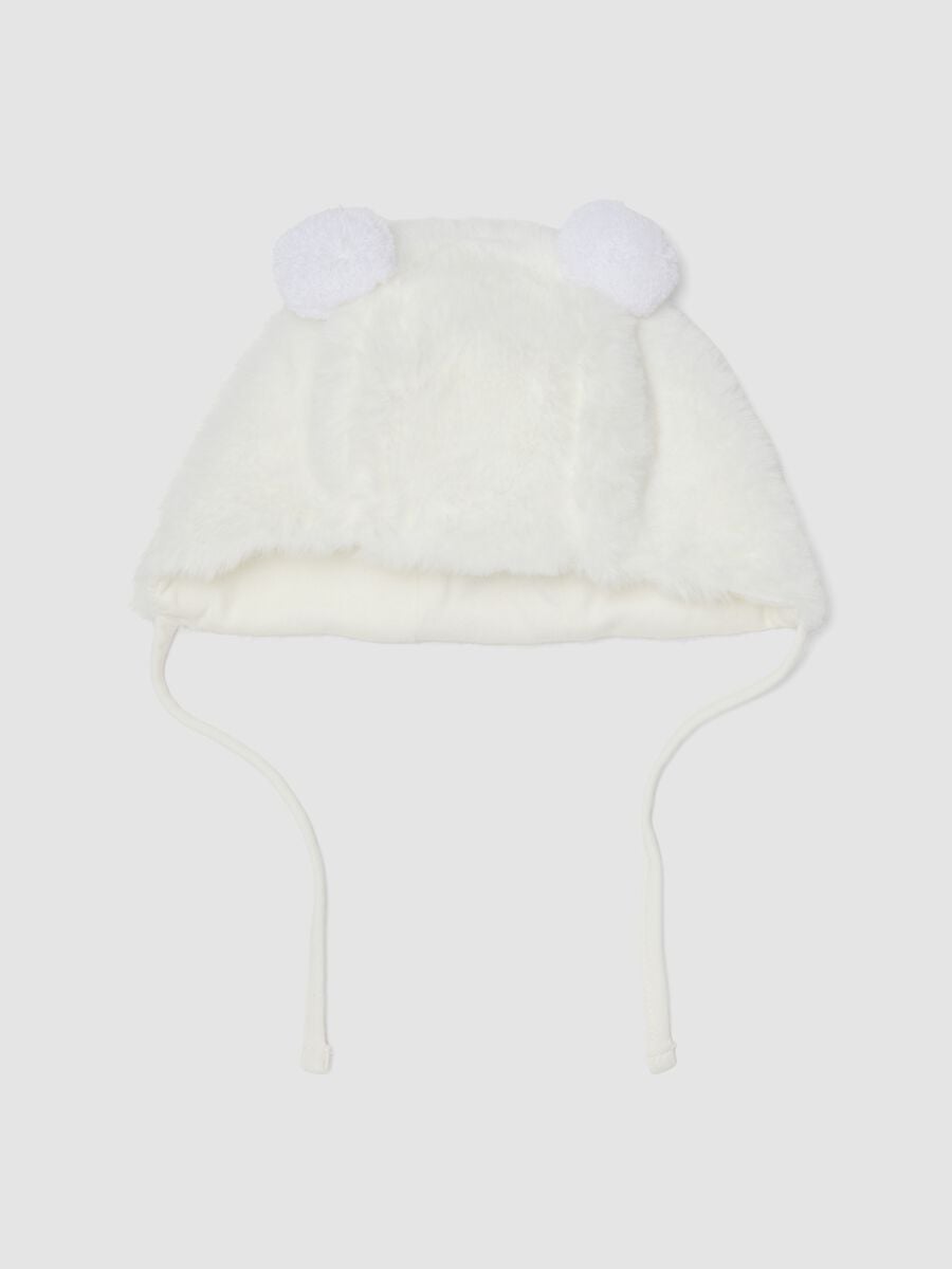 Cappello bianco in cotone organico effetto peluche per neonata_0
