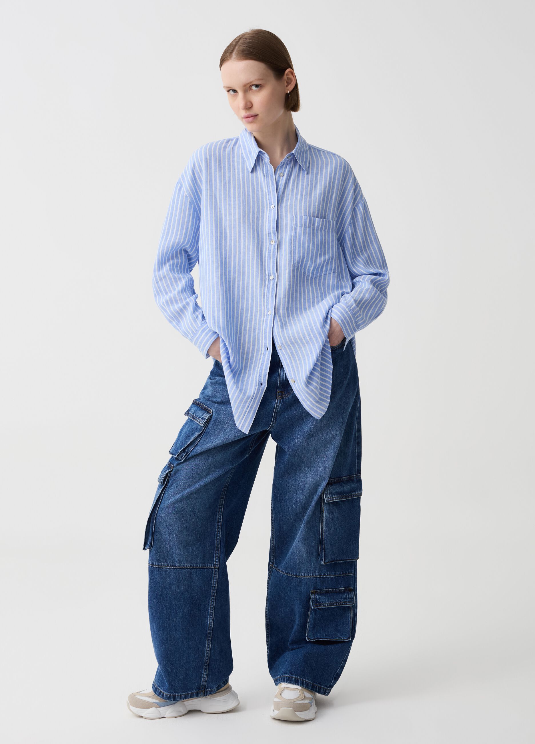 Linen and viscose oversized shirt with pocket