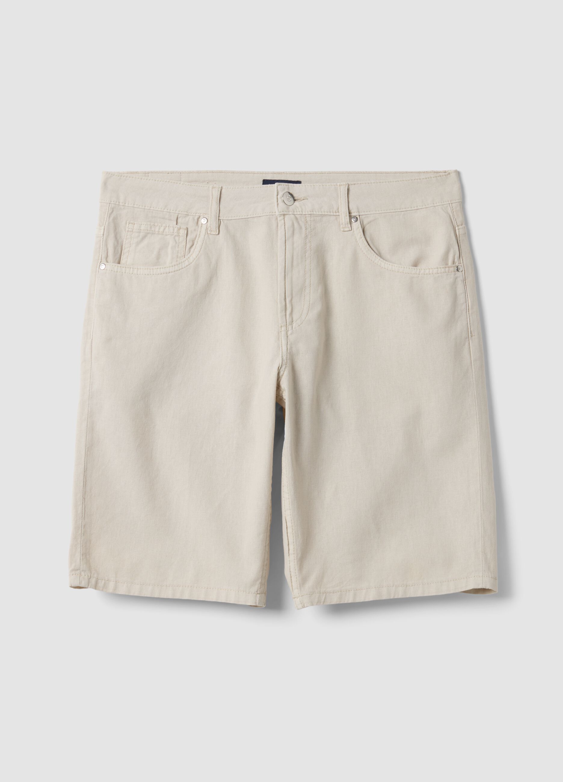 Beige linen-cotton blend five-pocket Bermuda shorts