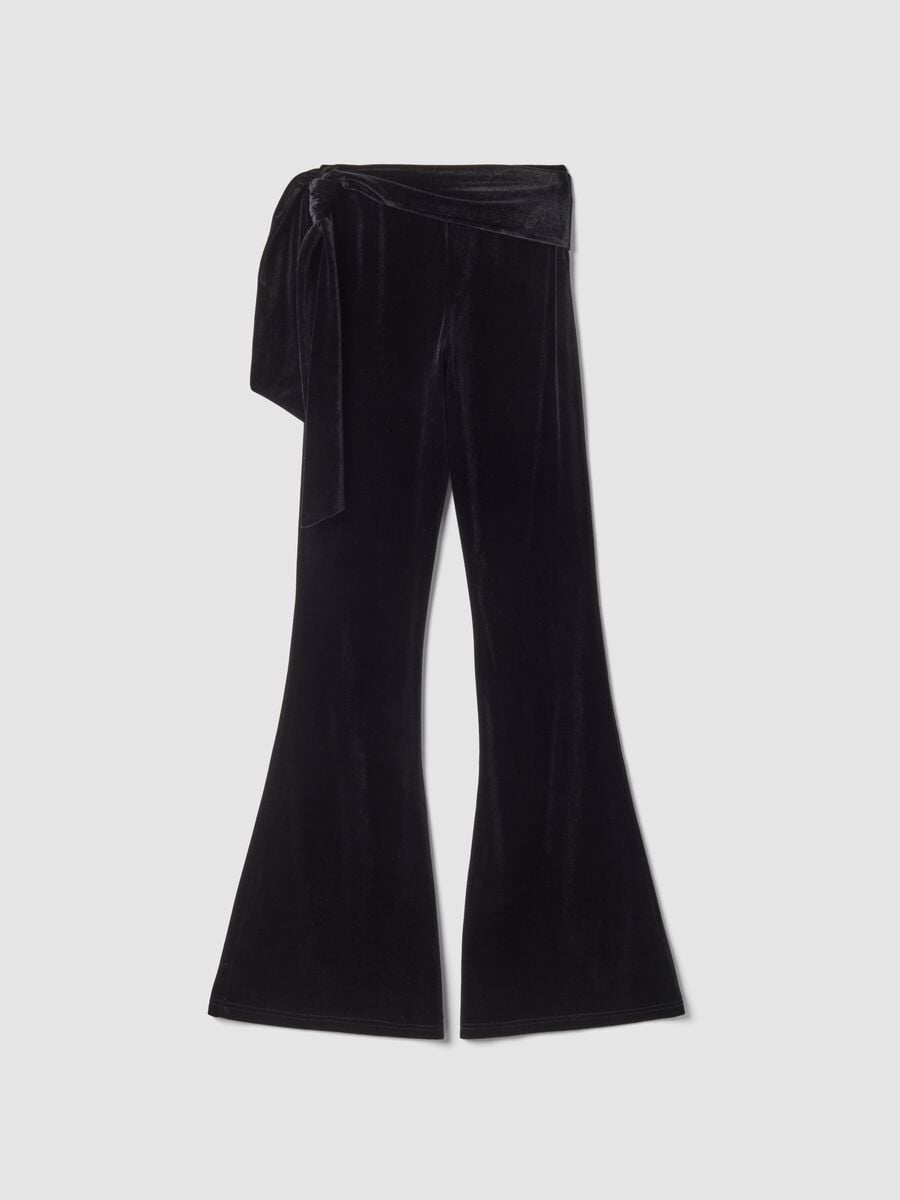 Pantaloni velour neri flare in tessuto elasticizzato con fiocco_1