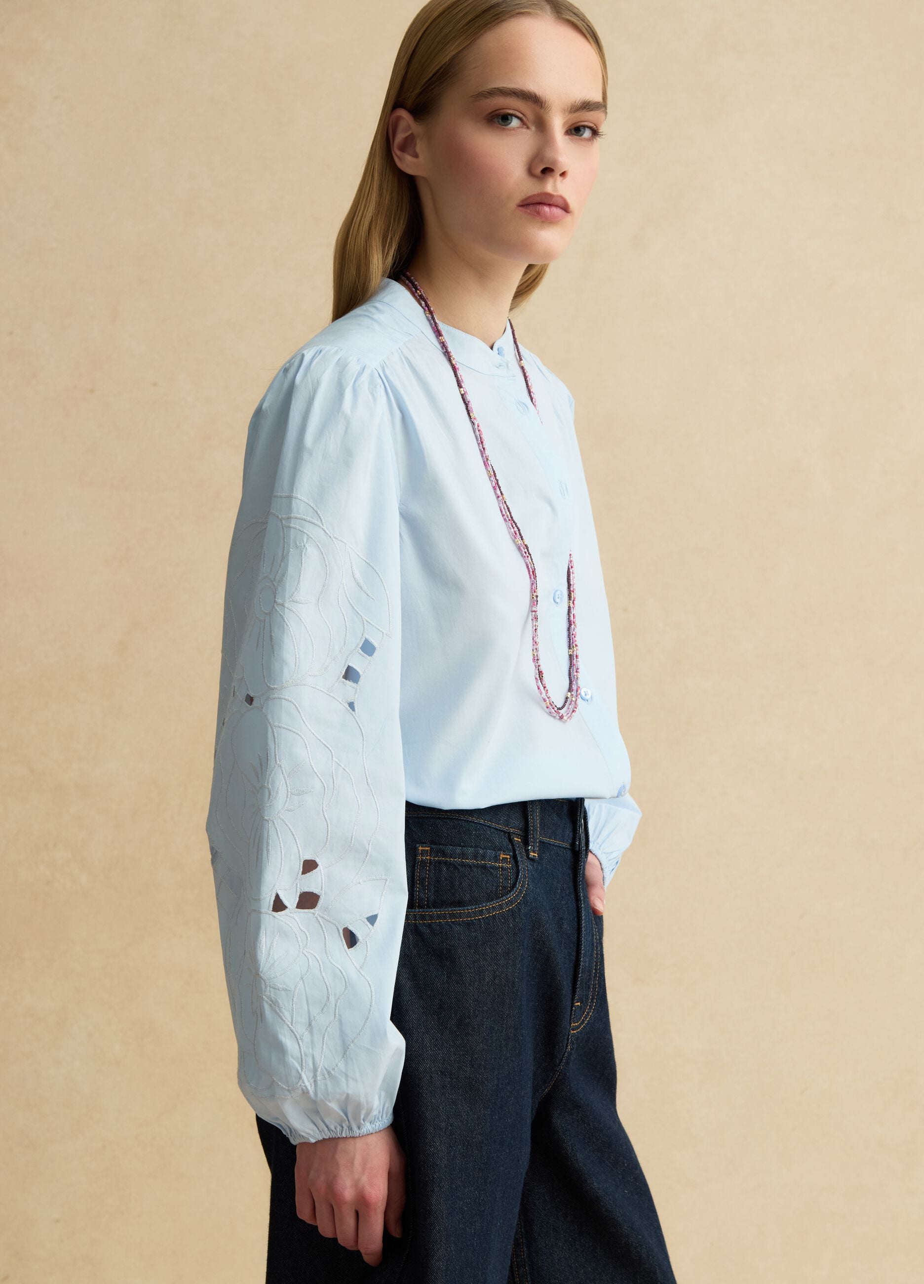 Light blue pure cotton shirt regular fit with embroidery