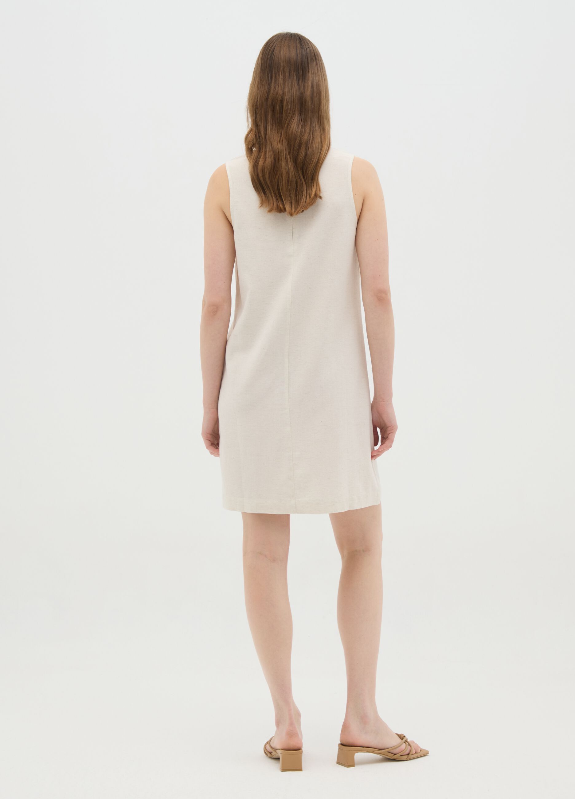 Women's Sleeveless Cotton Blend Dress in Beige Regular Fit