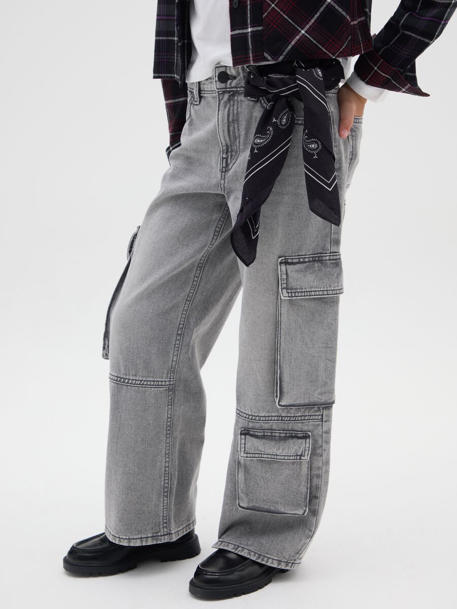 Jeans cargo da ragazza in puro cotone grigi dritti_2