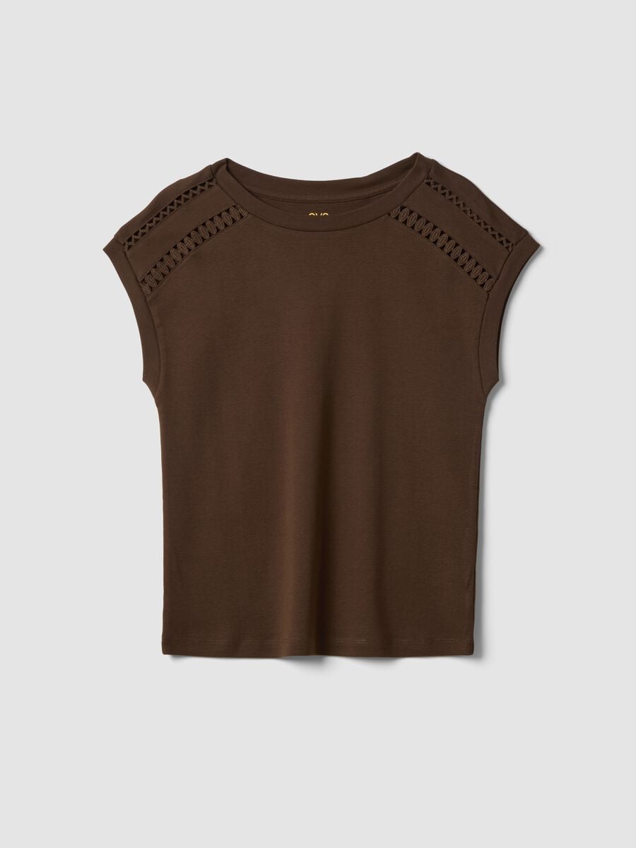 T-shirt marrone in puro cotone con dettagli traforati_4