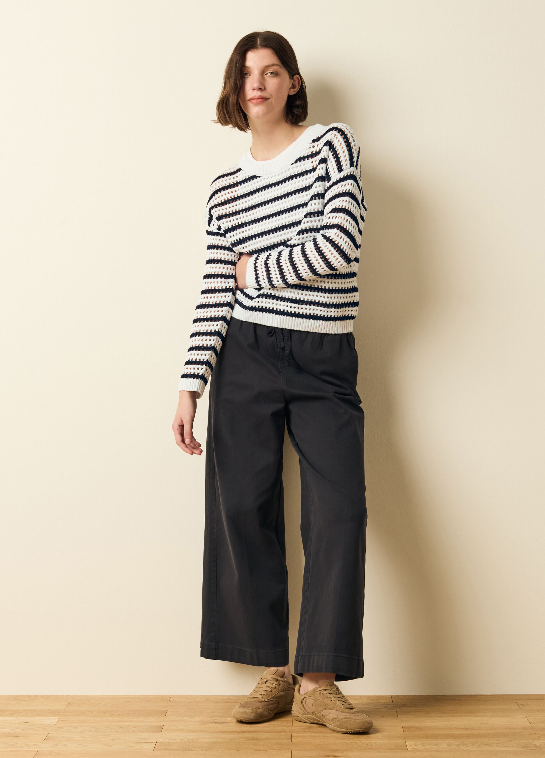 Striped pullover with openwork weave