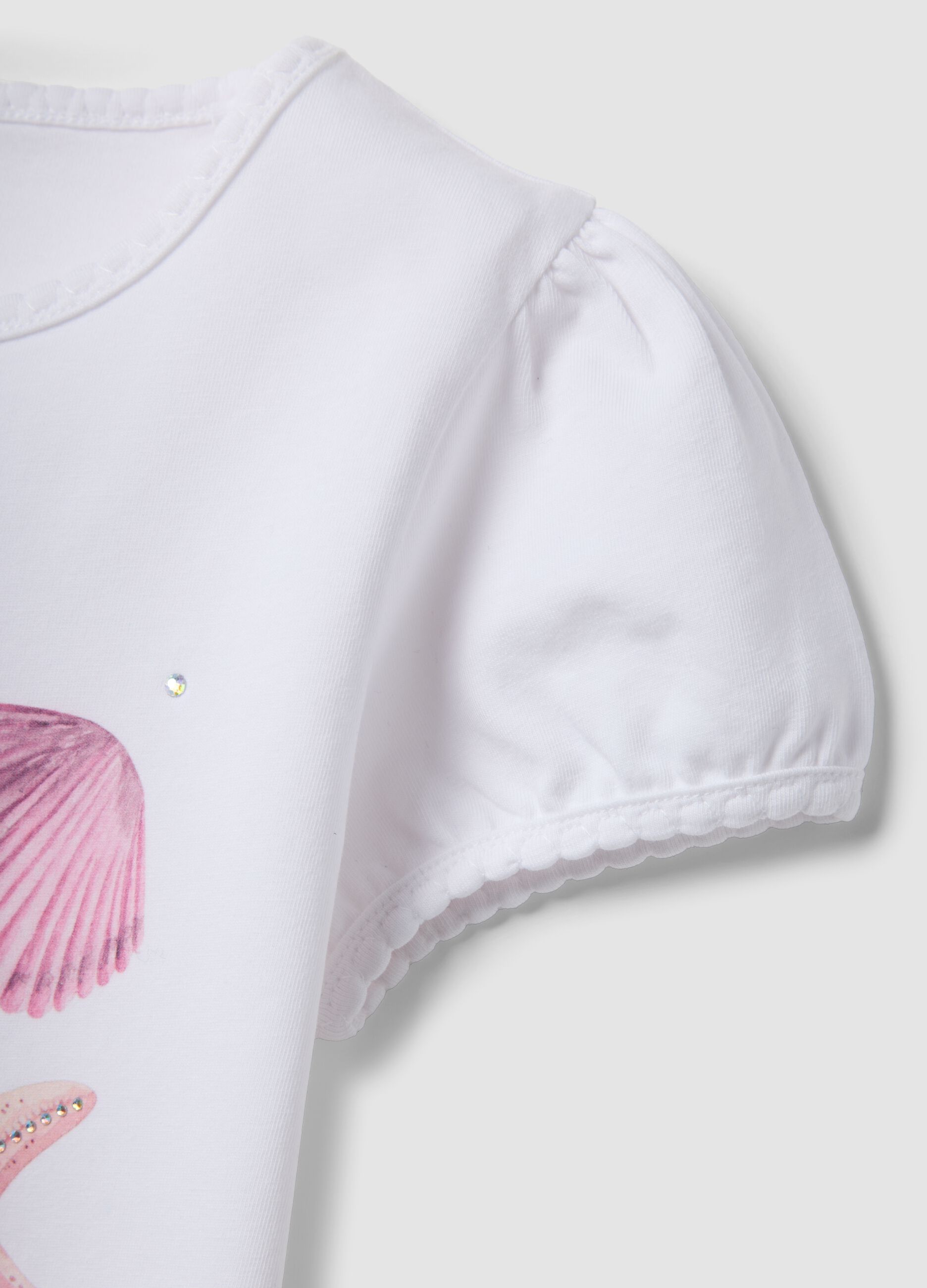 White stretch cotton T-shirt with seaside print