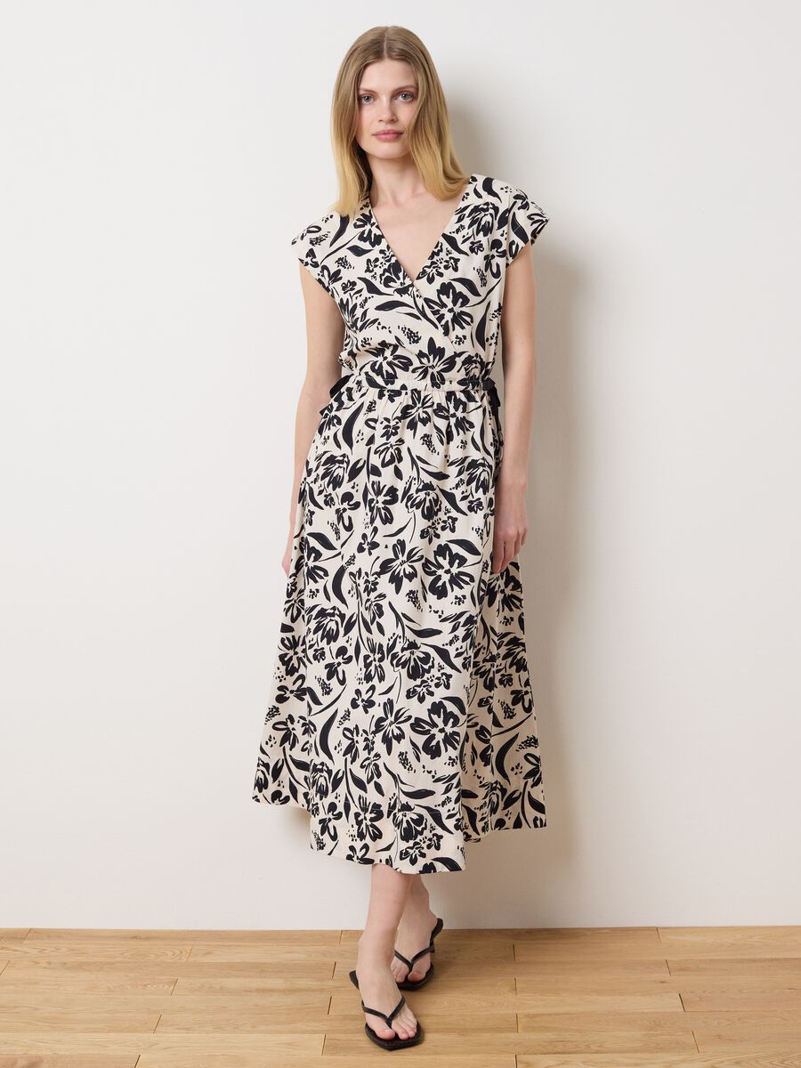 Long Printed White and Black Cotton Dress_0