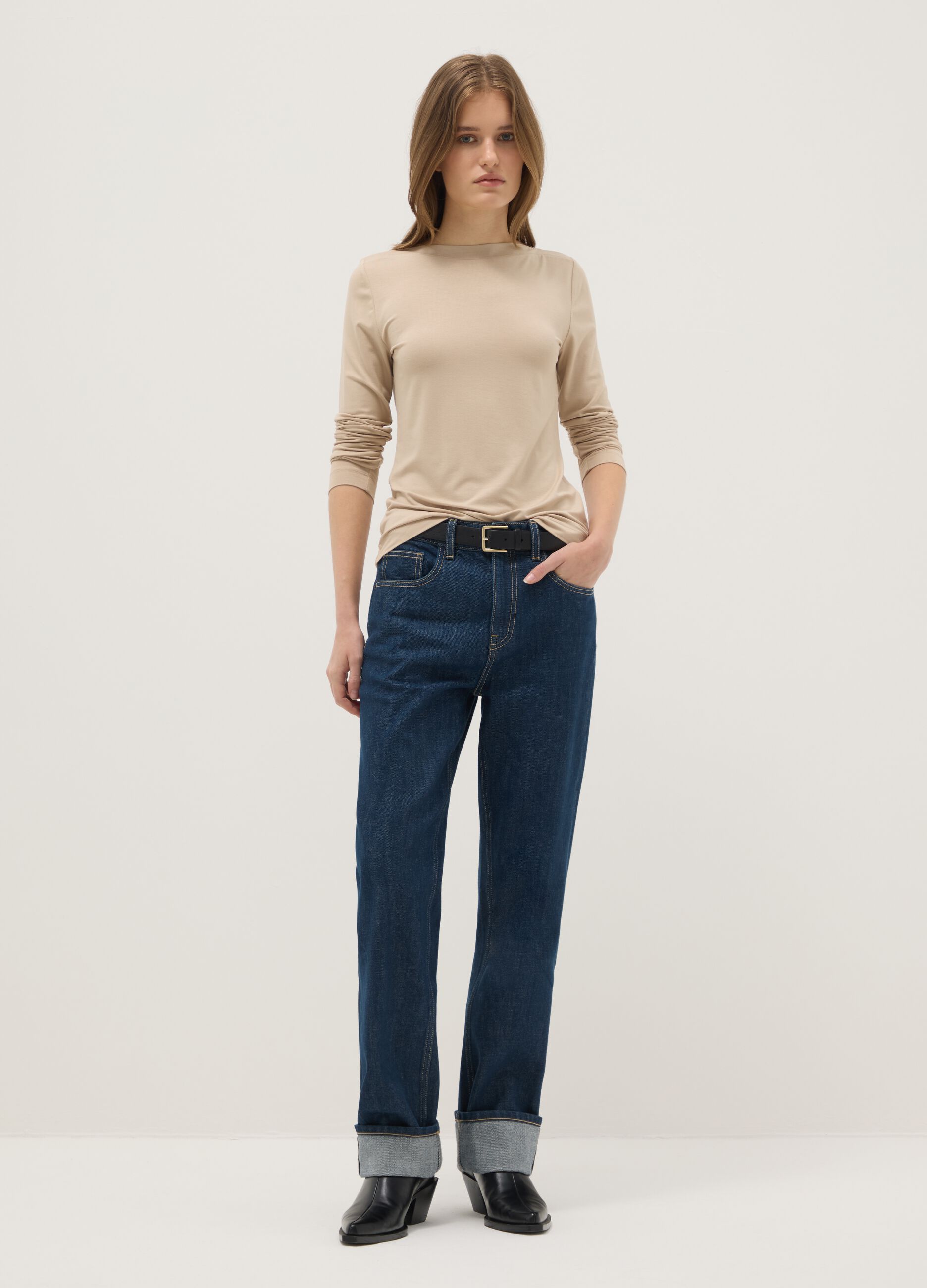 Beige crew neck long sleeve regular fit top