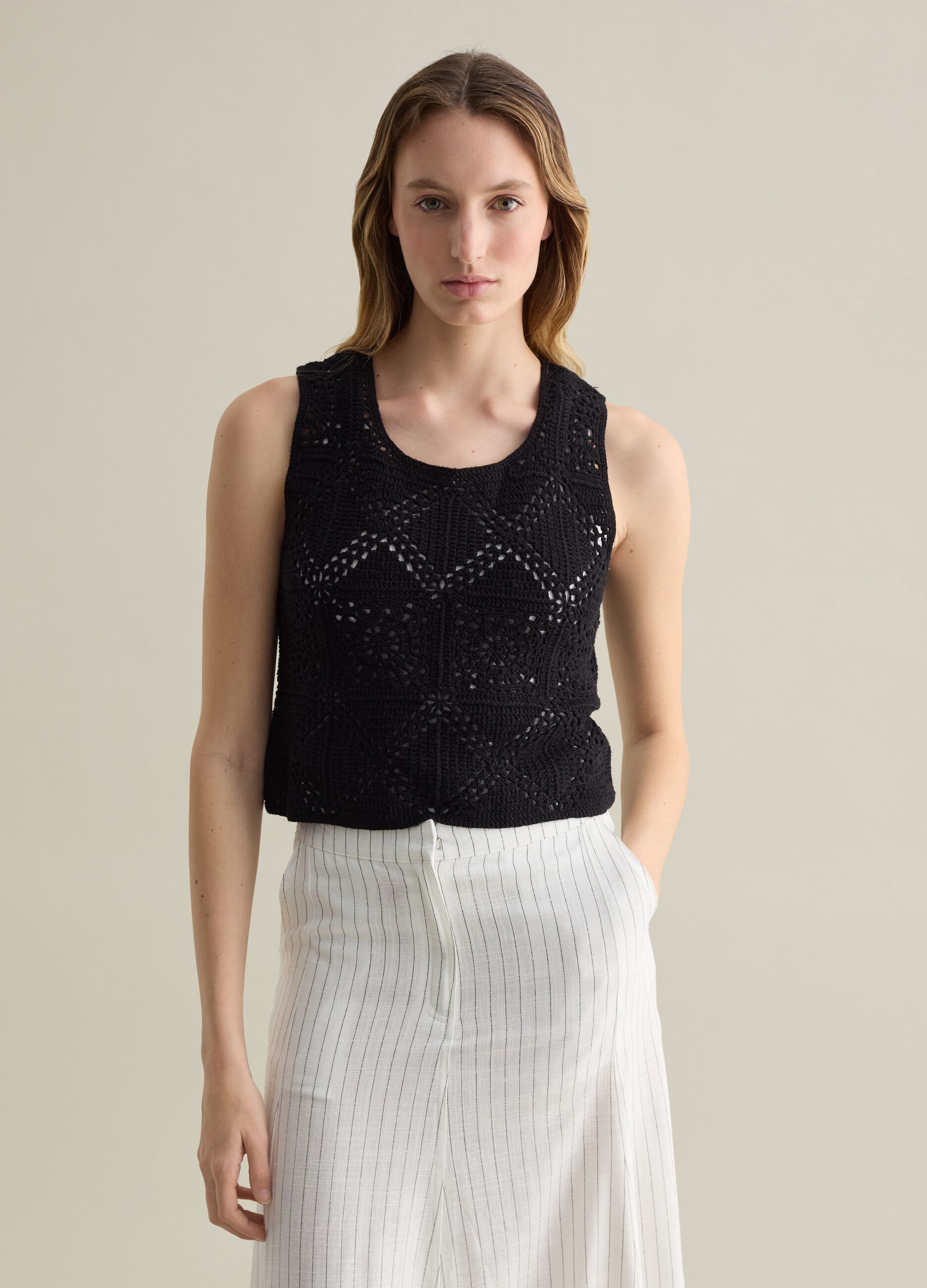 Black crochet knit tank top