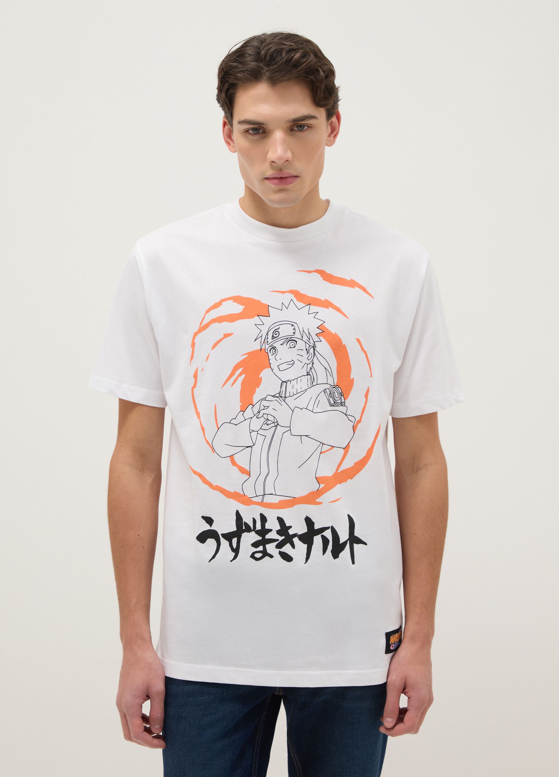 White pure cotton regular fit T-shirt with Naruto print