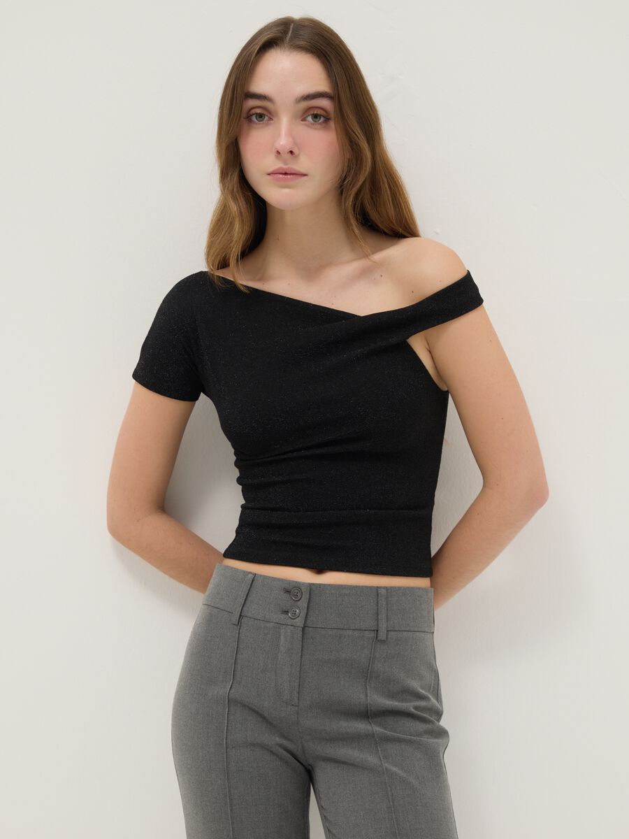 Black viscose blend slim fit T-shirt with Madonna neckline_1