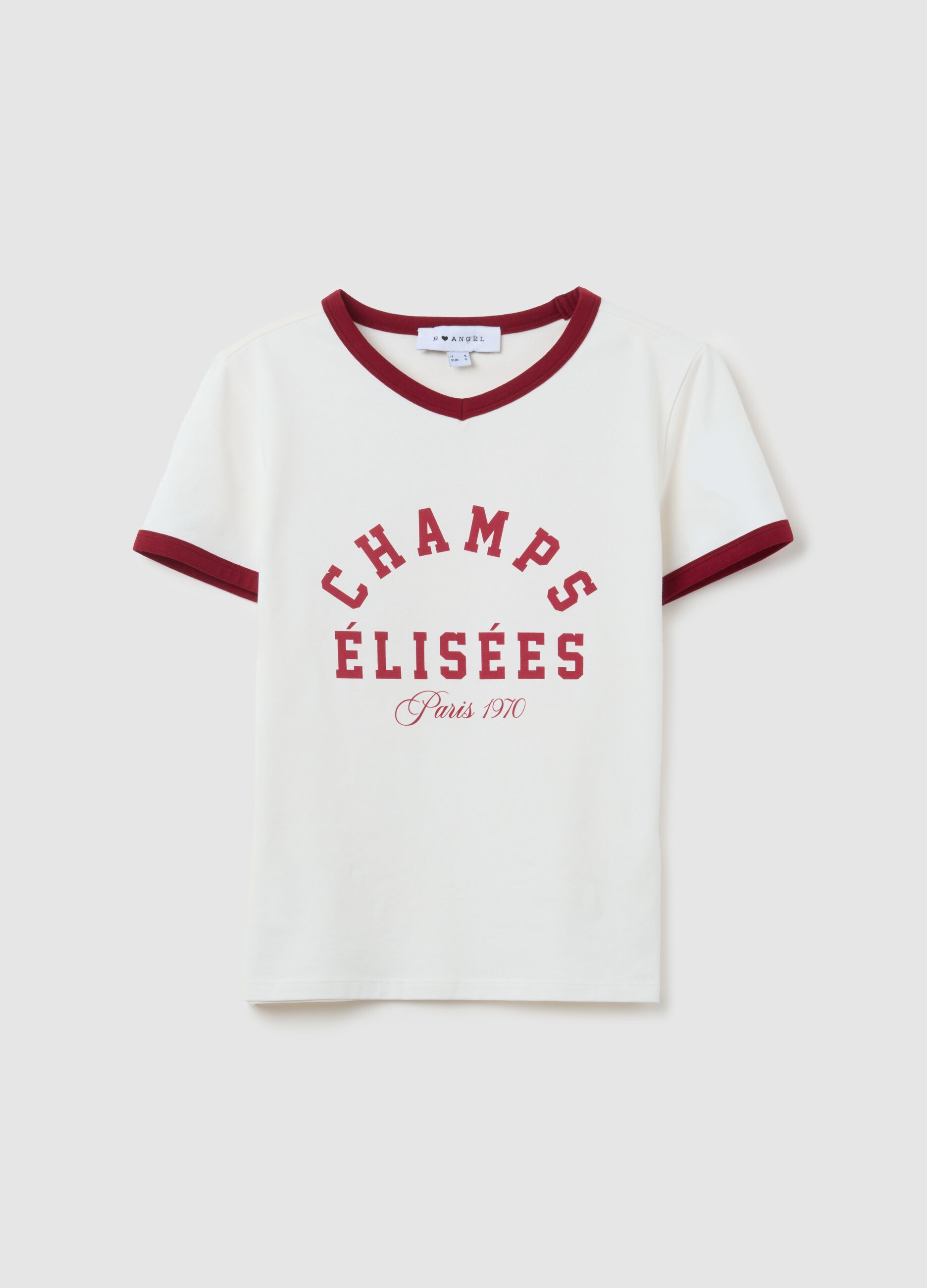 White stretch cotton regular fit T-shirt with red accents