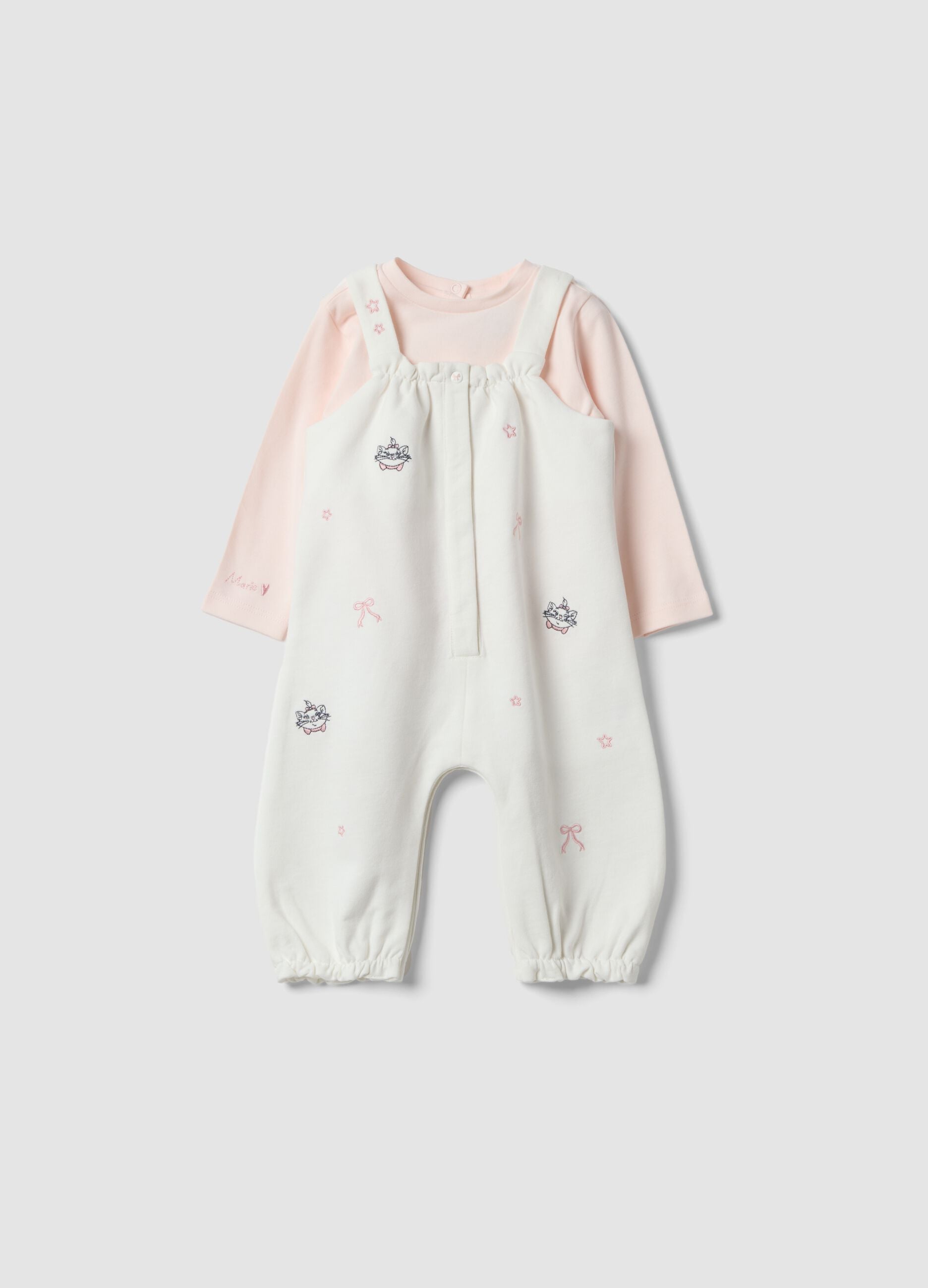 White and pink organic cotton set with The Aristocats embroidery for baby girl