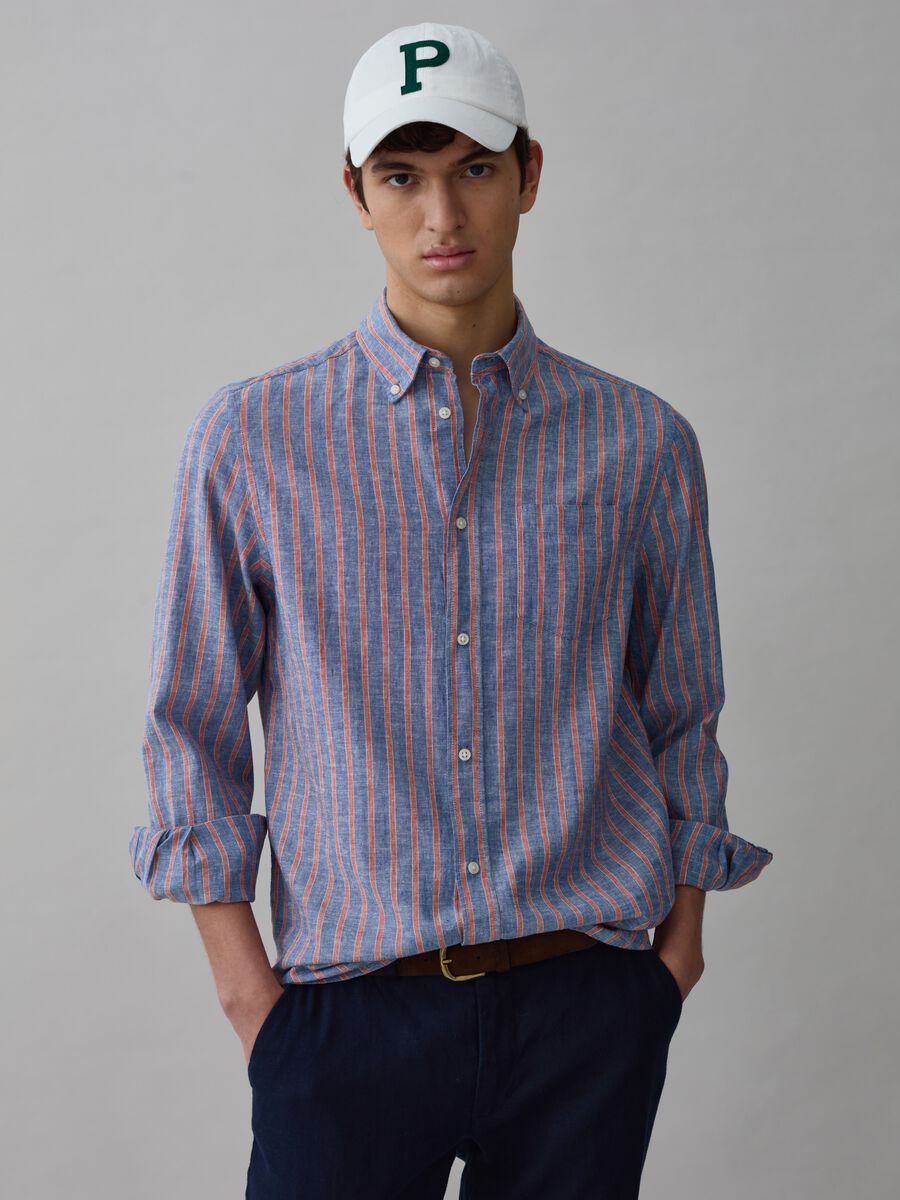 Striped linen and cotton shirt_0