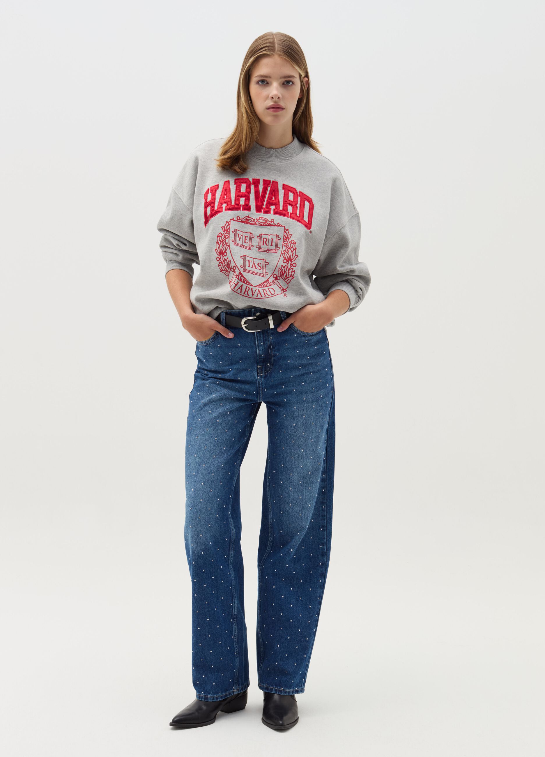 Felpa con stampa e ricamo Harvard Grigio melange da Donna OVS