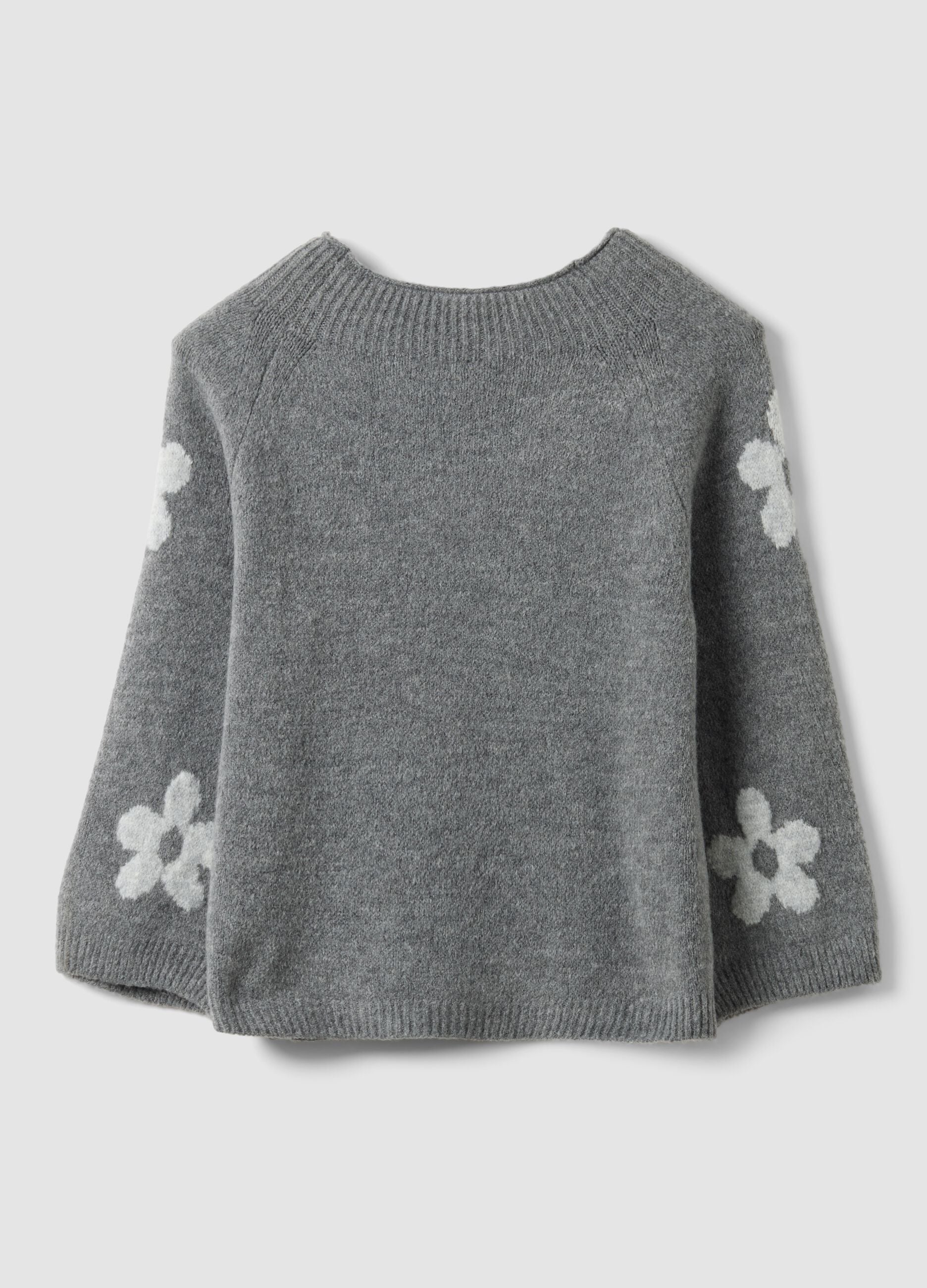 Grey wool-blend jumper with floral pattern, regular fit