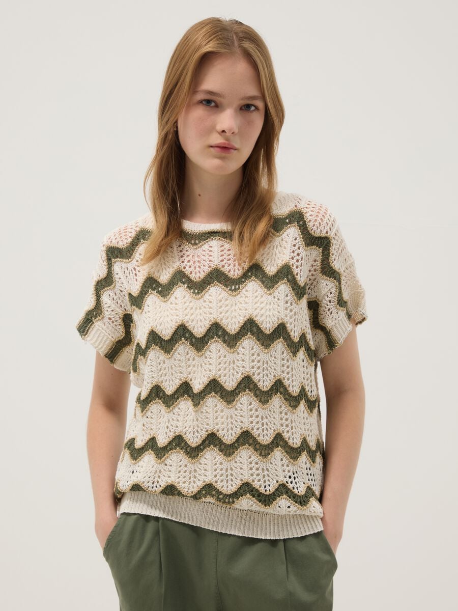 Beige open-knit stretch cotton top_1
