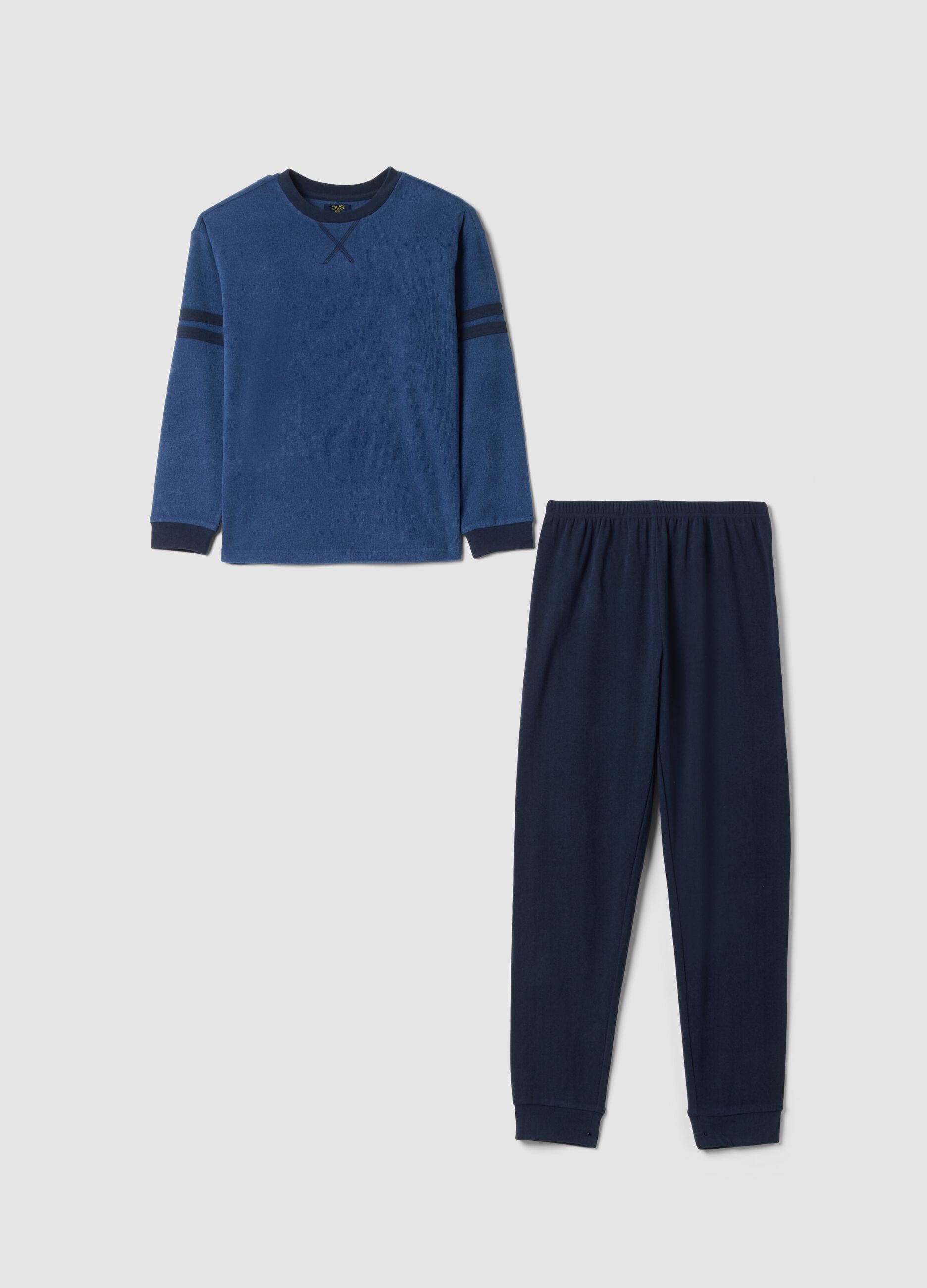 Pigiama lungo blu in tessuto elasticizzato con girocollo