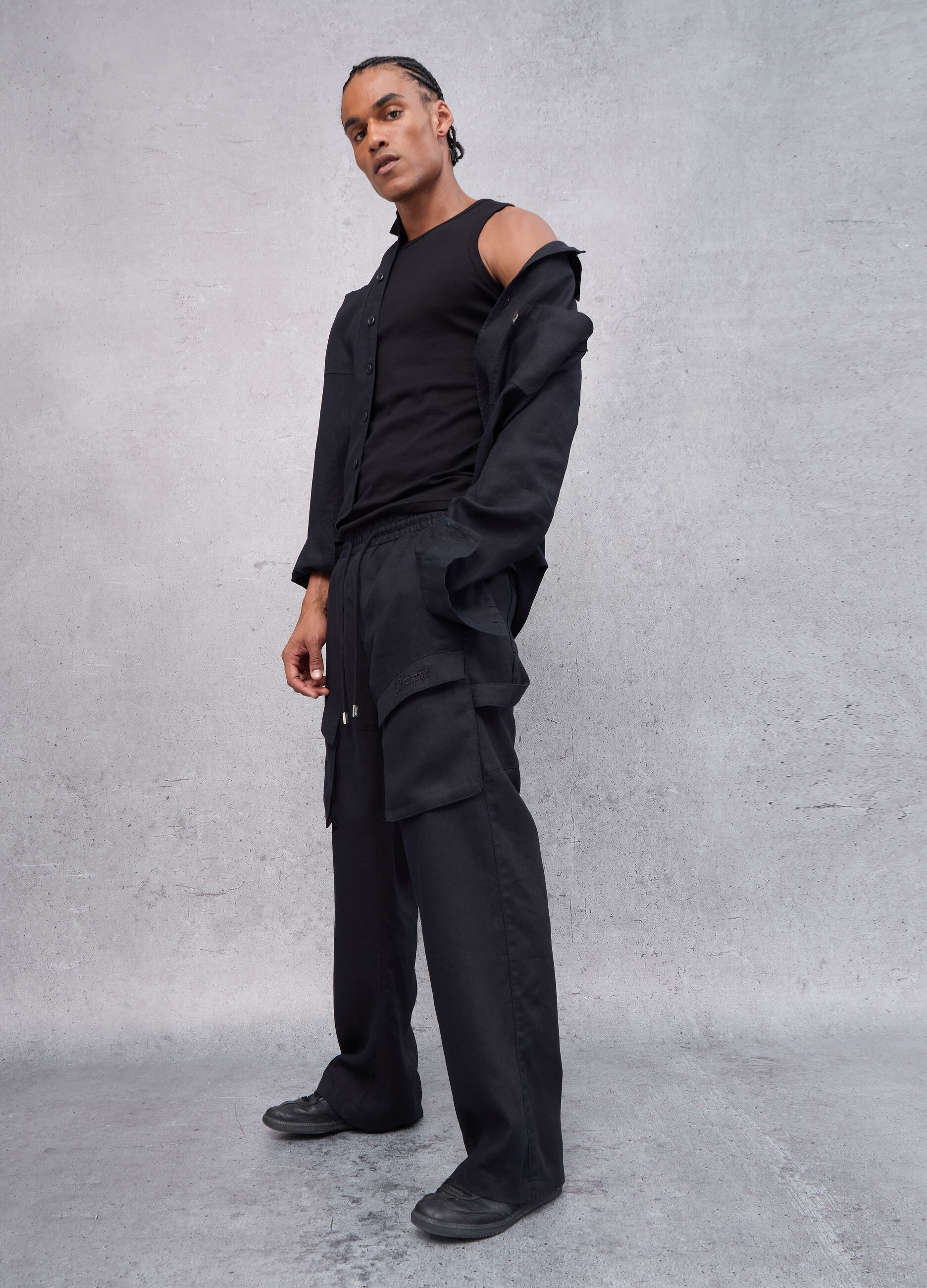 100% Linen Cargo Pants Black