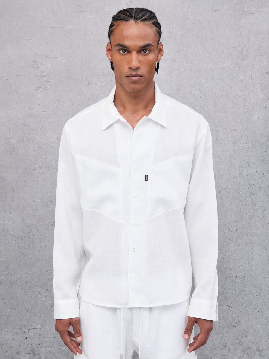 100% Linen Cargo Shirt White_1