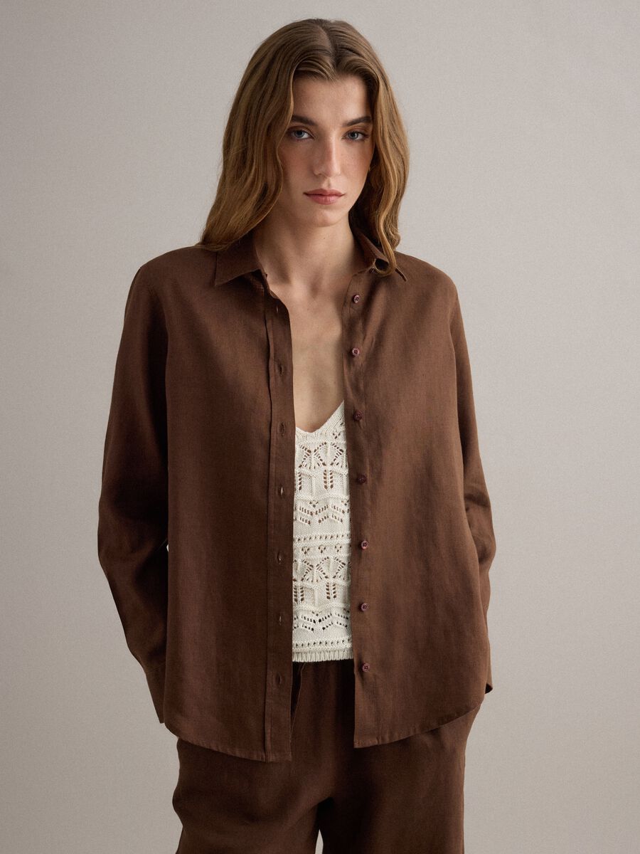 Camicia in puro lino marrone regular fit_1