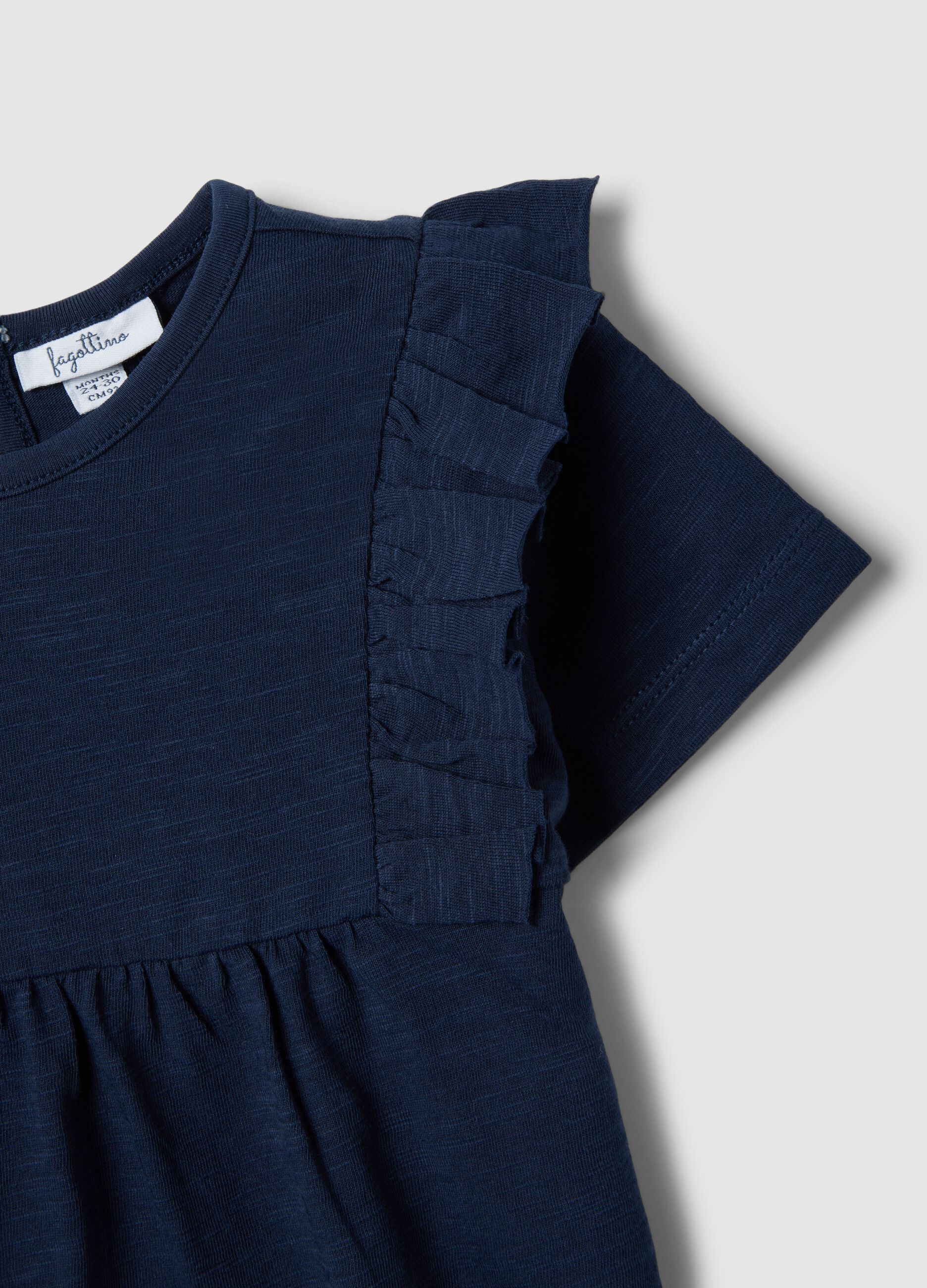 Girls&rsquo; blue pure cotton regular-fit T-shirt with frills