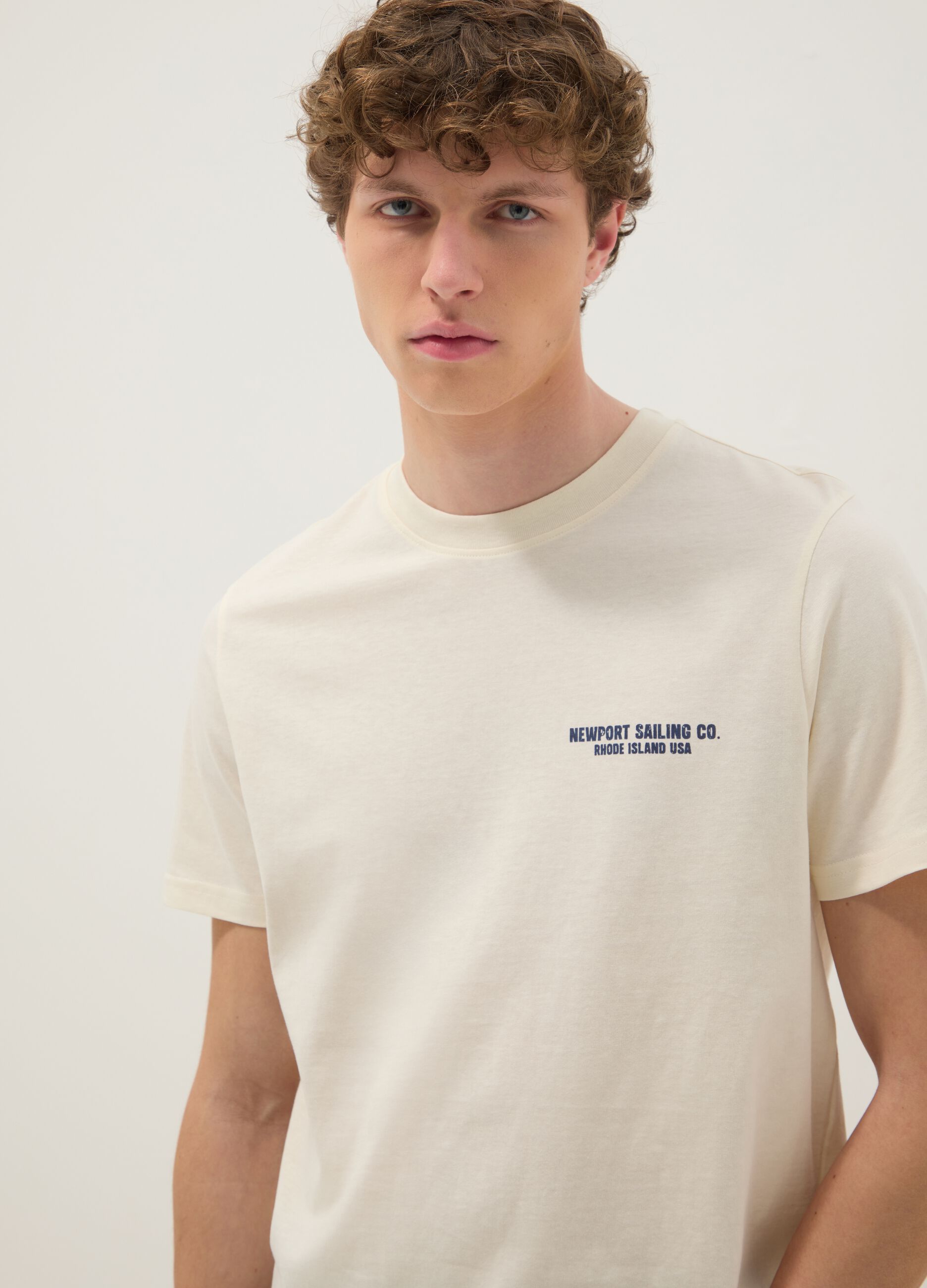 Beige pure cotton regular-fit T-shirt with nautical print