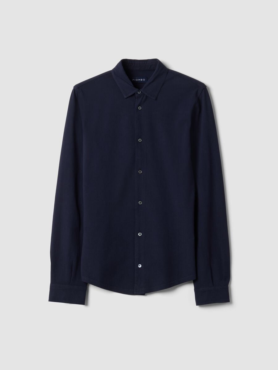 Polo piquet blu in puro cotone a maniche lunghe regular fit_4