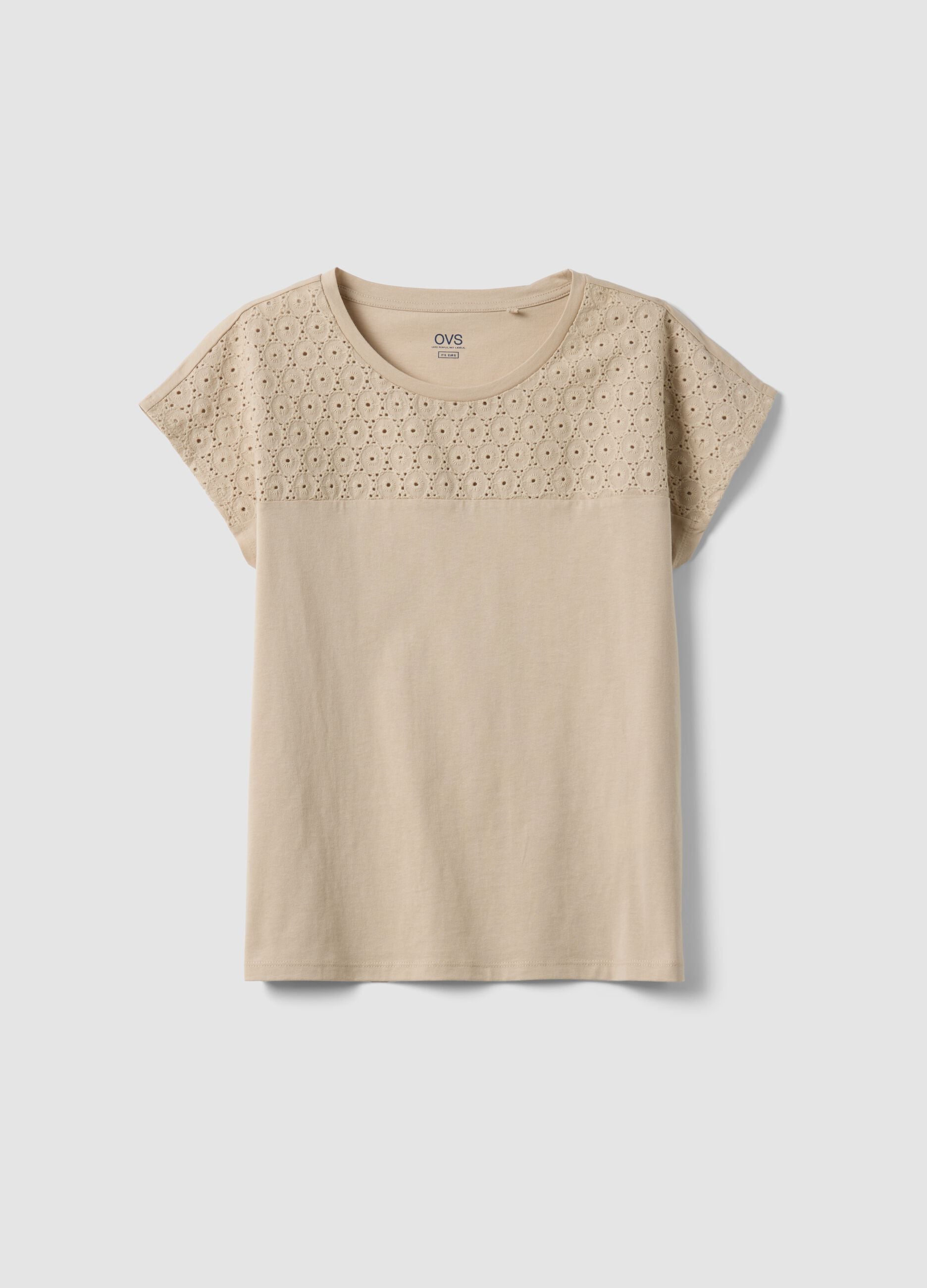 Beige pure cotton T-shirt with broderie anglaise