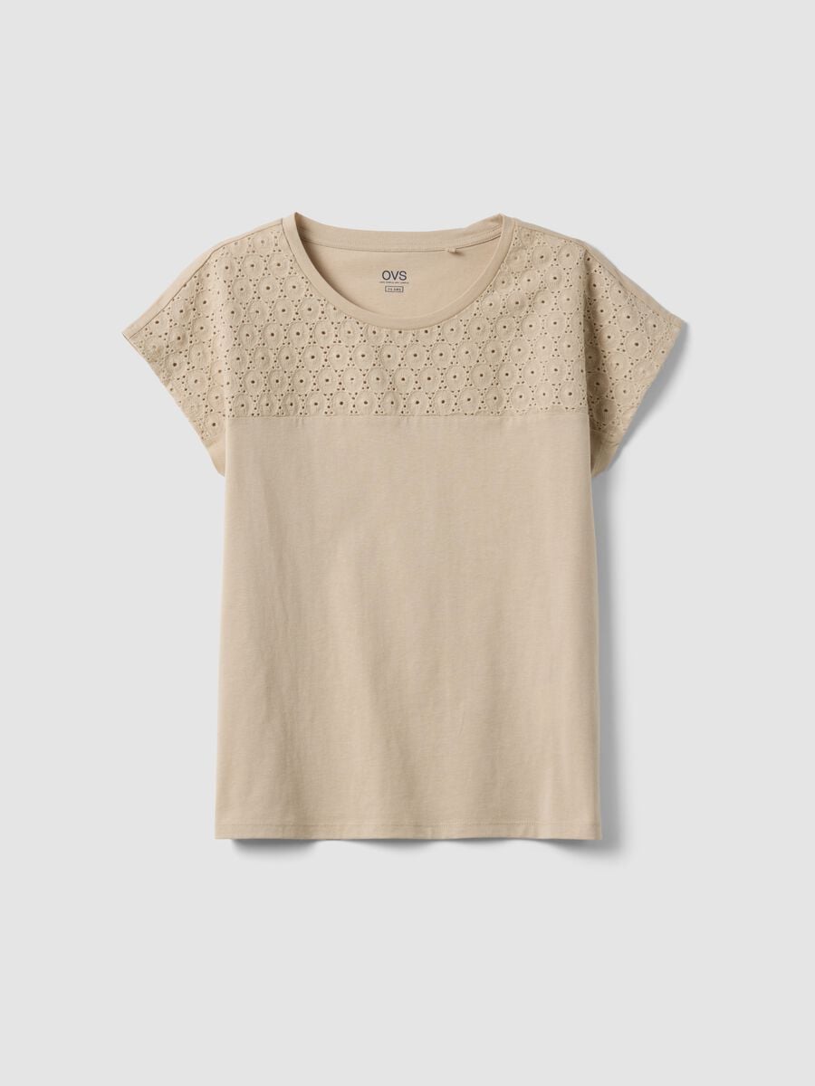 T-shirt beige in puro cotone con pizzo sangallo_0