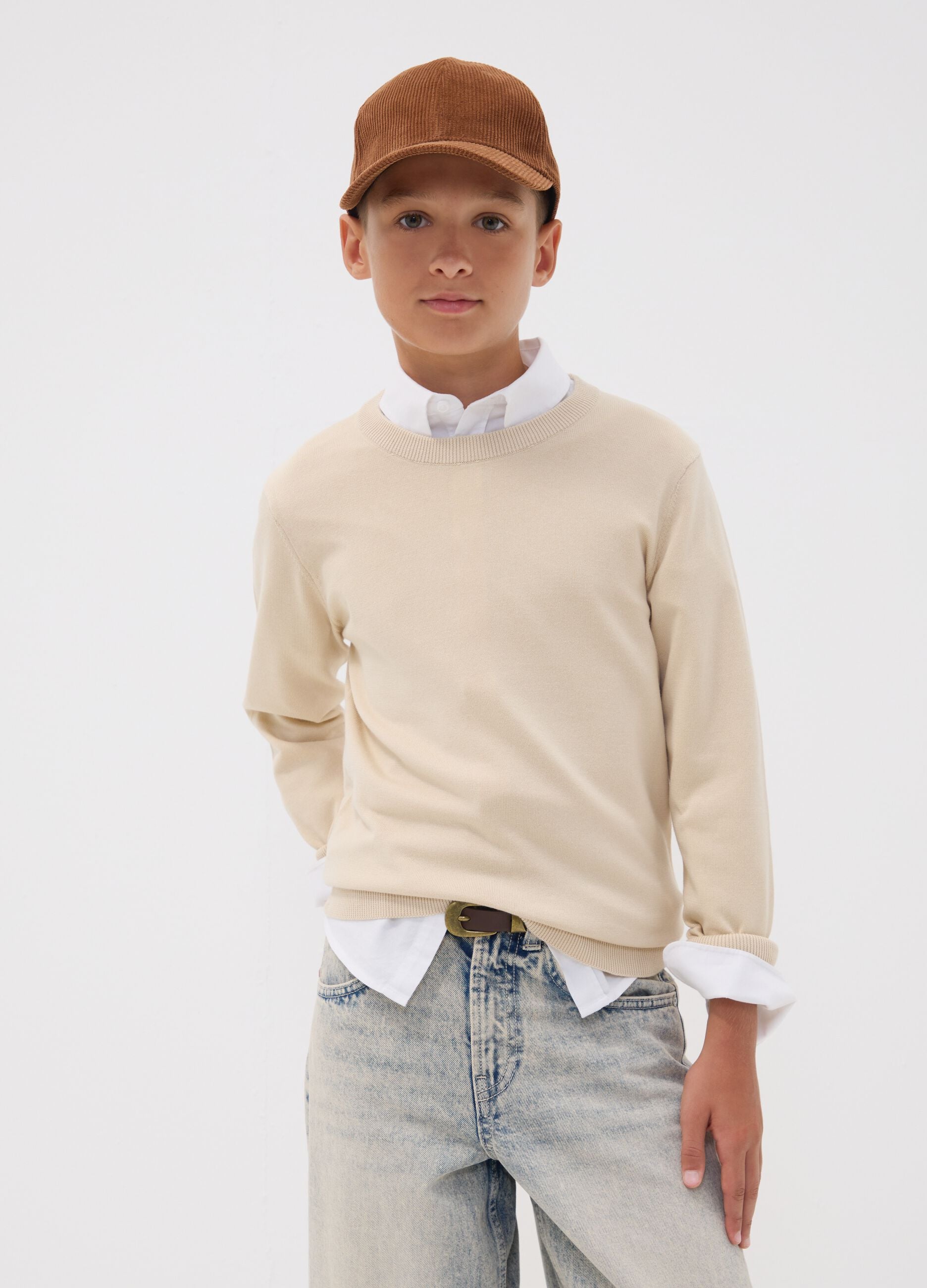 Beige pure cotton long-sleeve regular-fit top for boys