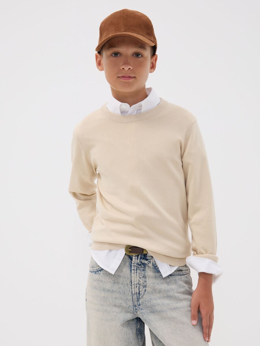 Beige pure cotton long-sleeve regular-fit top for boys_1