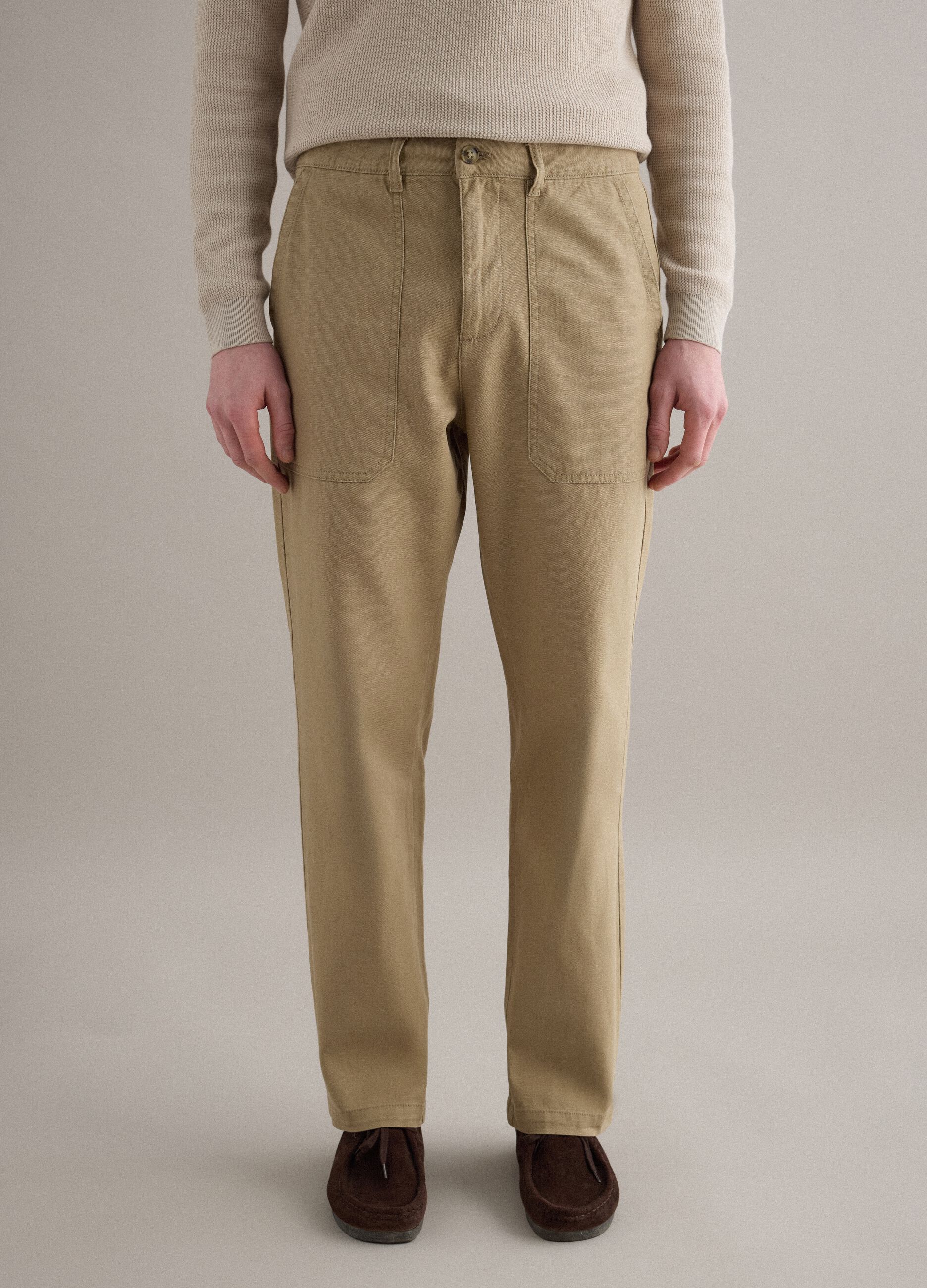 Beige Regular Fit Cotton and Linen Trousers