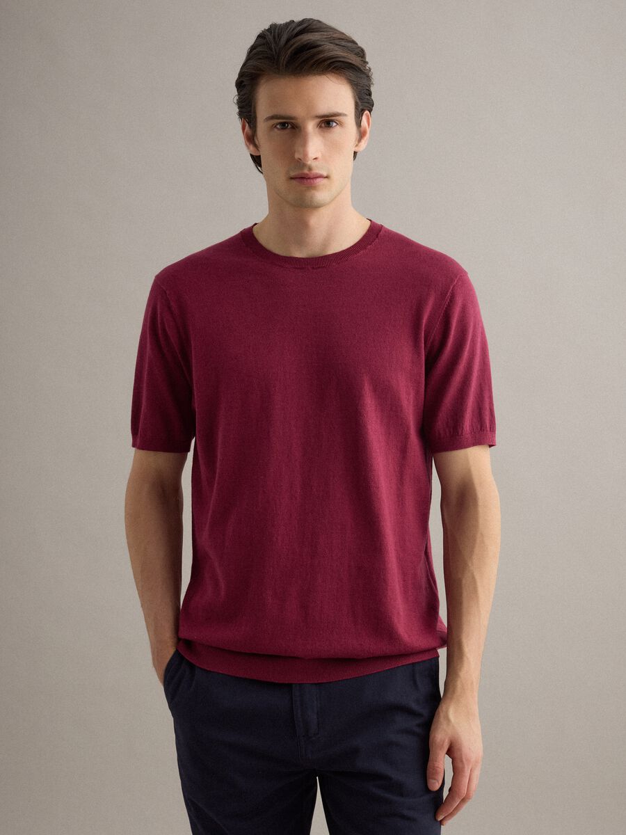Short sleeve T-shirt in red cotton, linen and silk blend regular fit_3
