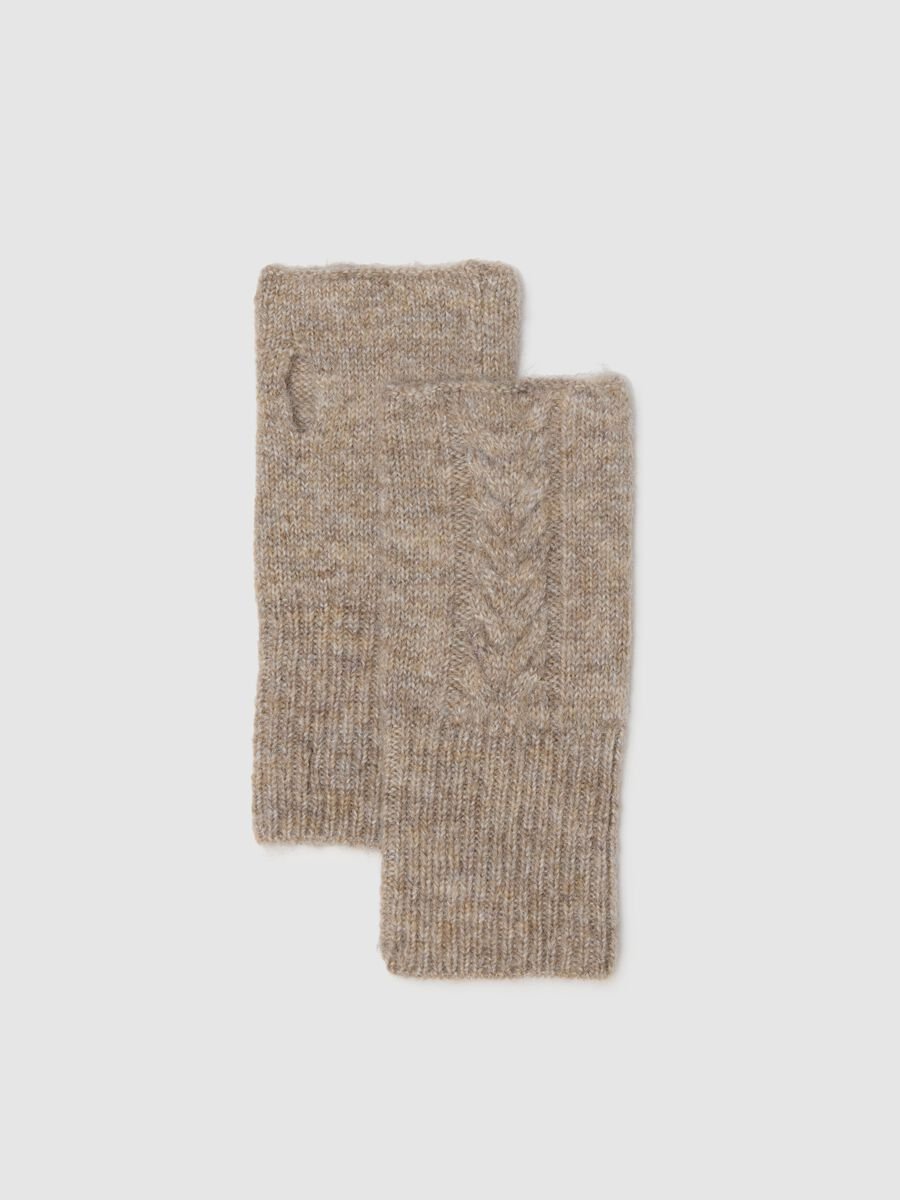 Beige Fingerless Gloves with Knitted Design_0