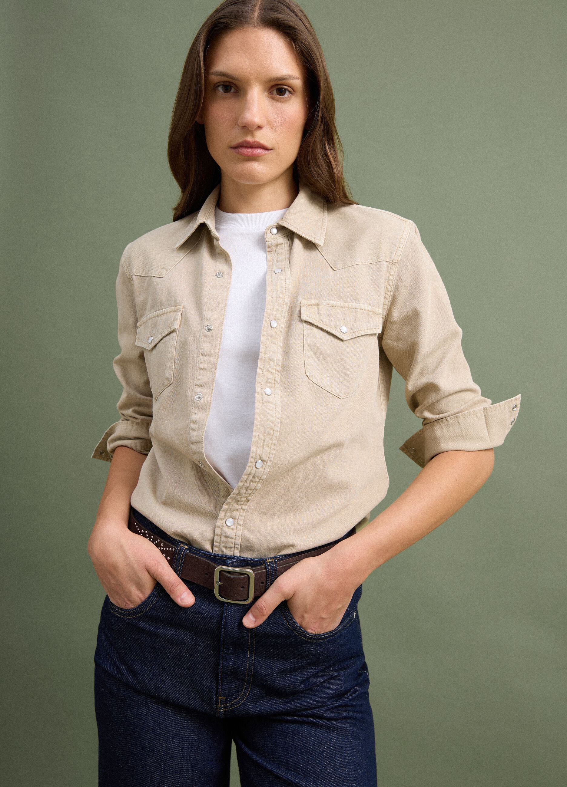 Beige pure cotton shirt with snap buttons, regular fit