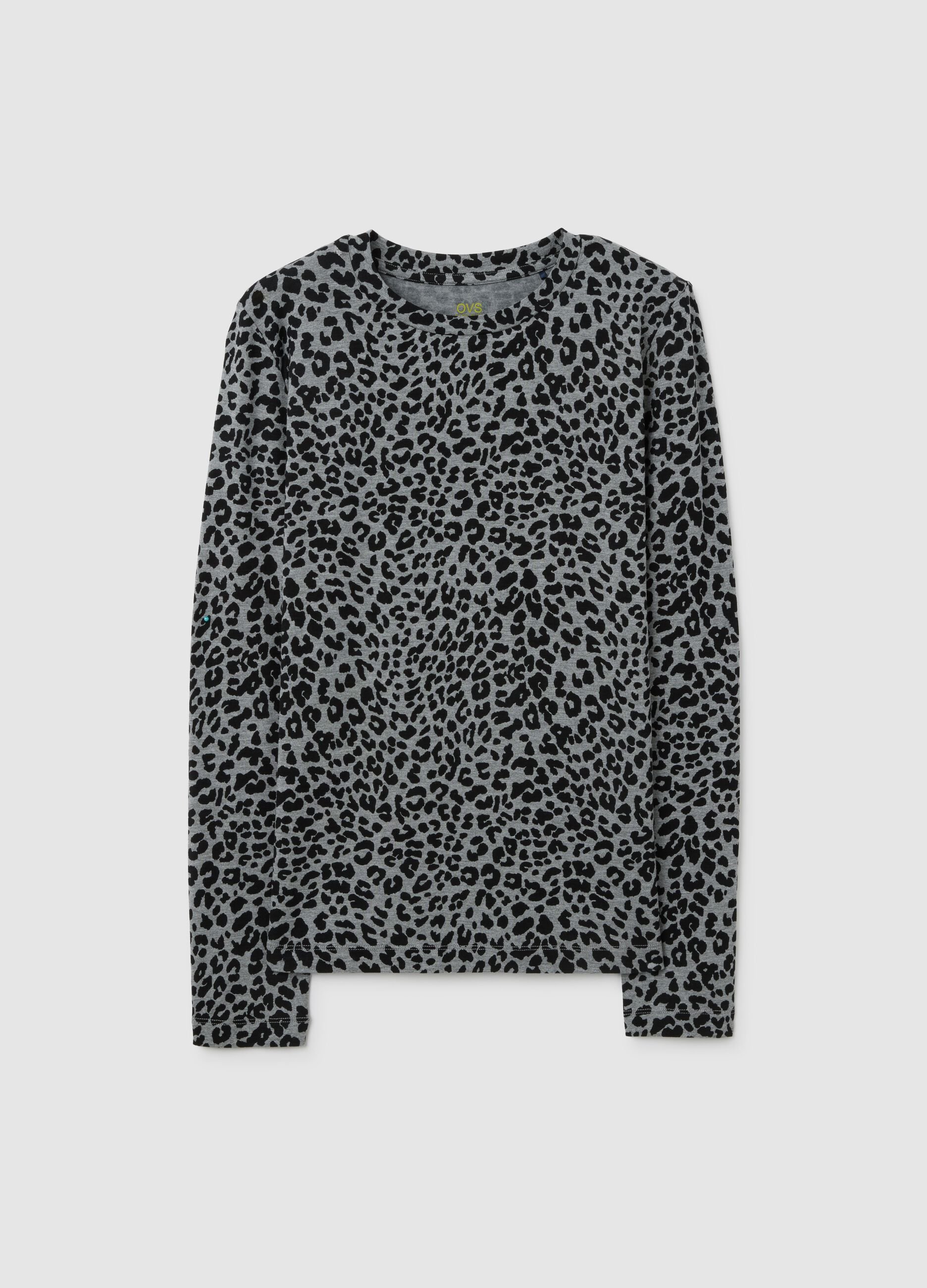 T-shirt grigia a maniche lunghe con stampa leopardata