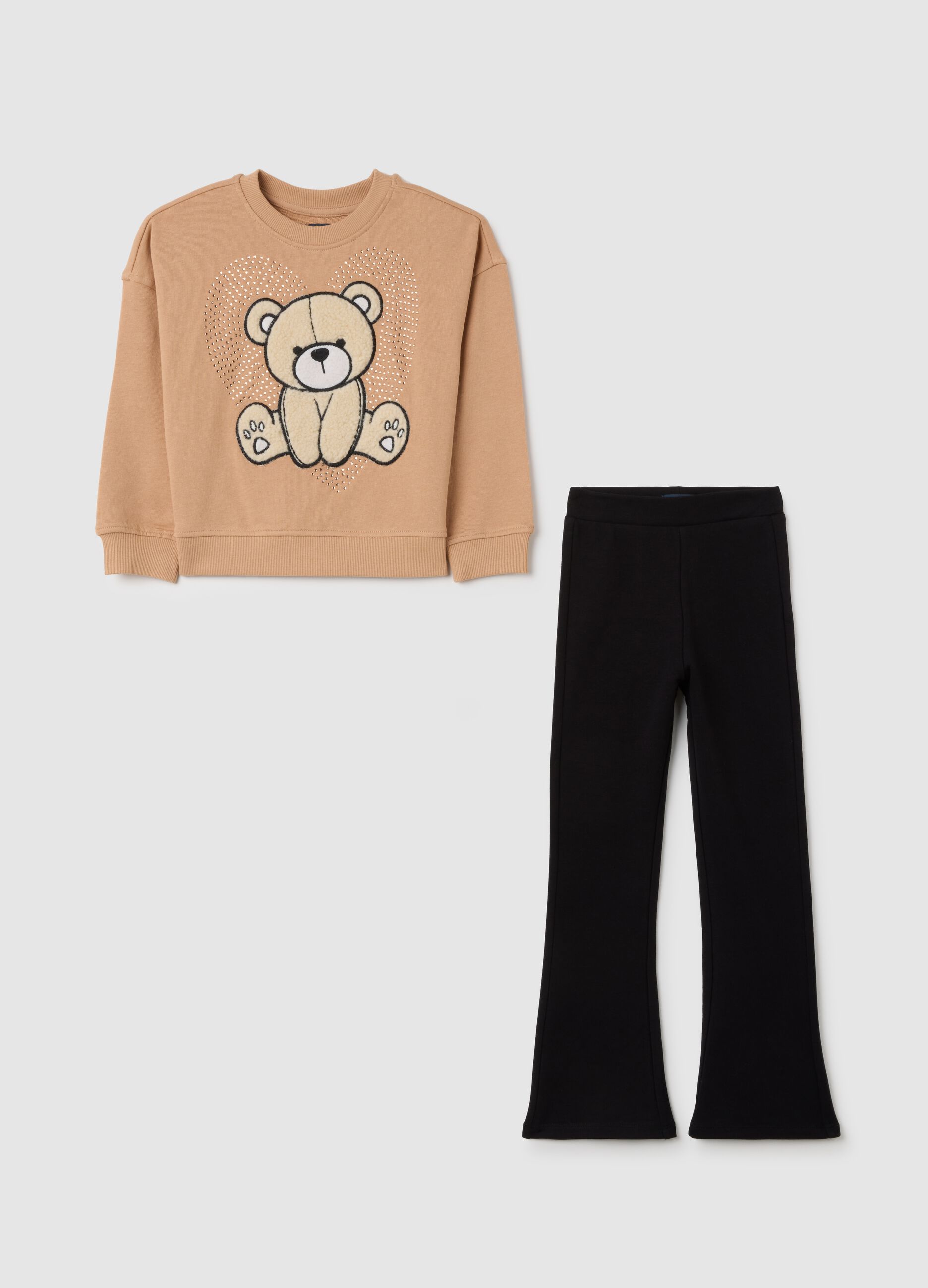 Completo felpa e pantalone da bambina in puro cotone beige