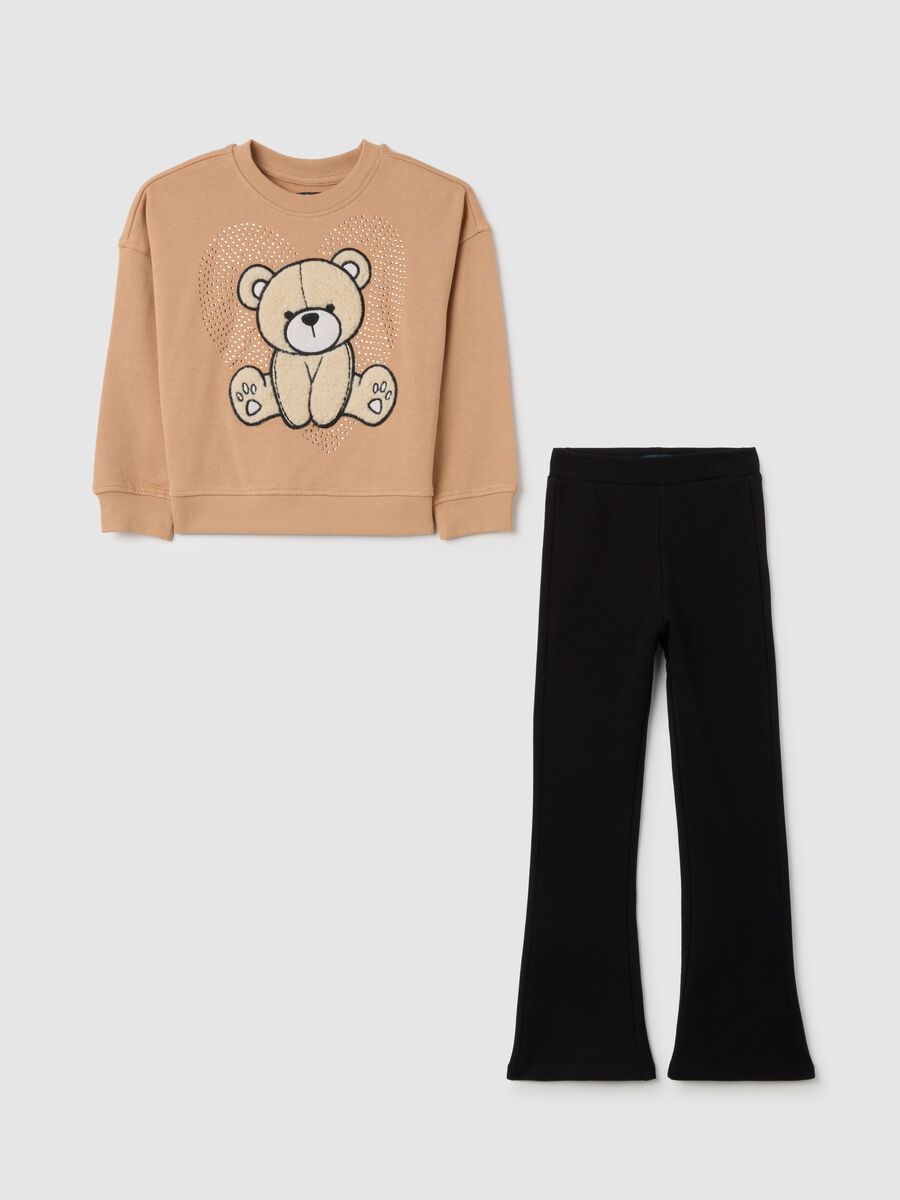 Completo felpa e pantalone da bambina in puro cotone beige_0