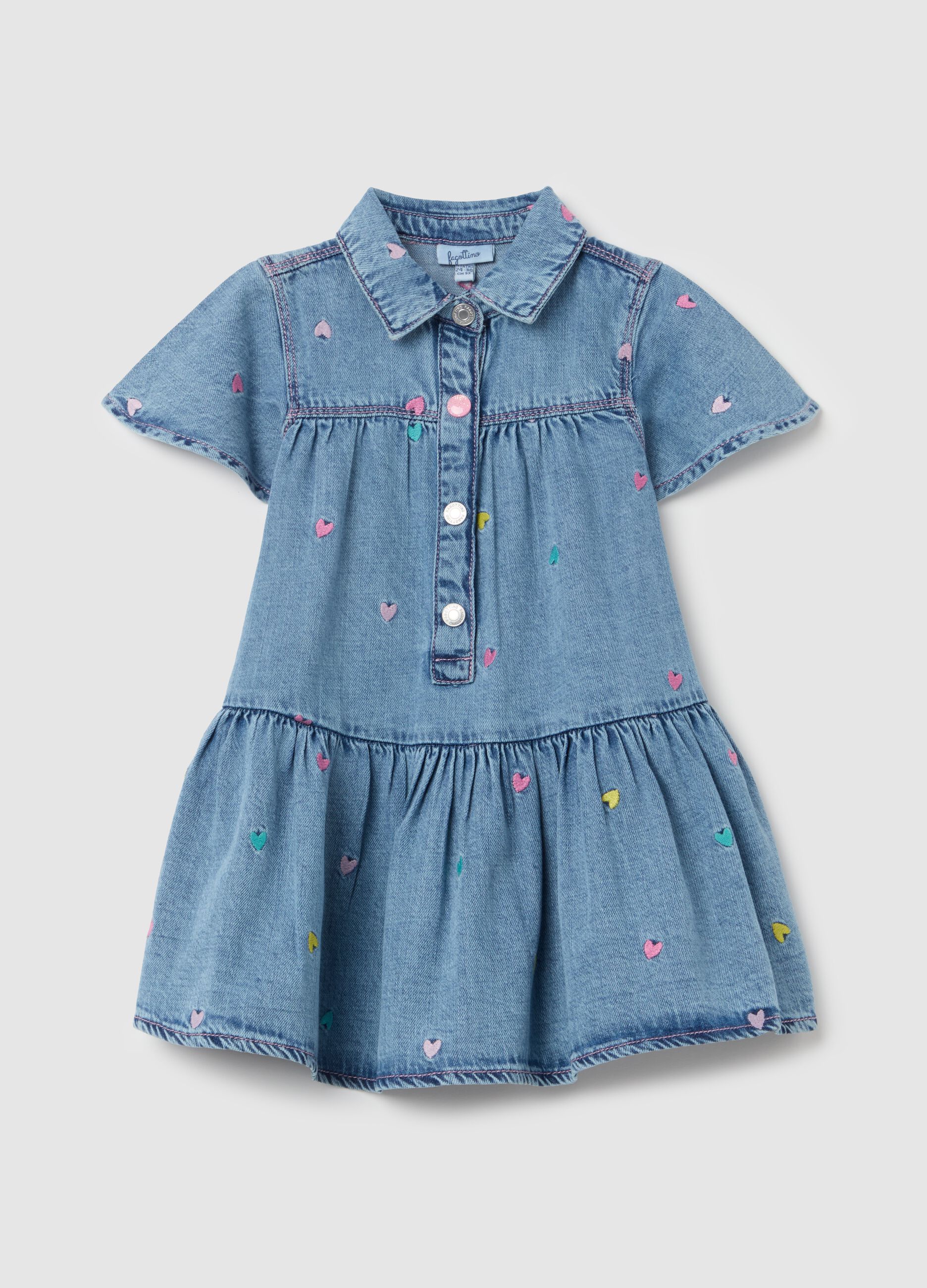 Denim dress with flounce and hearts embroidery