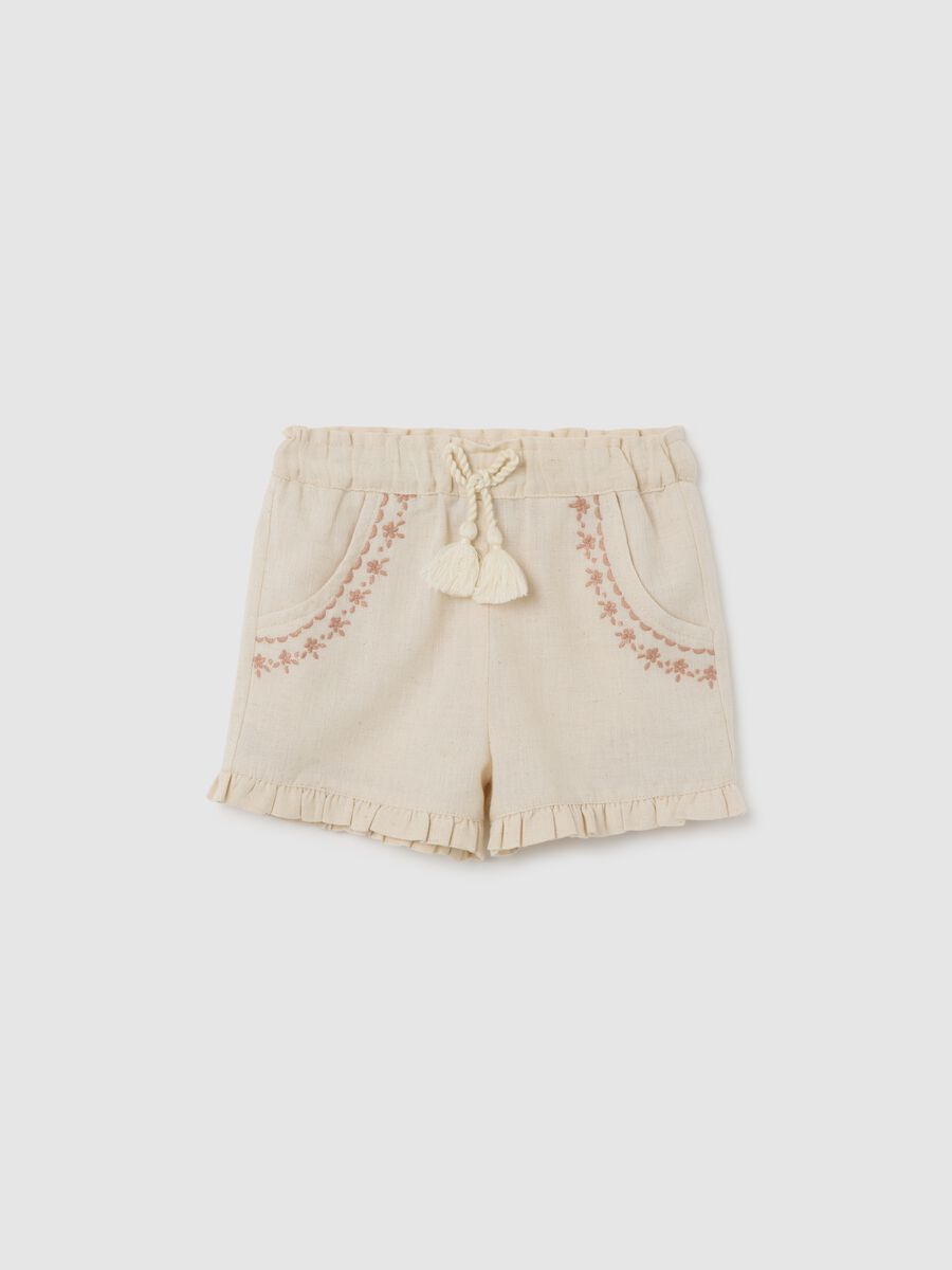 Beige cotton baby shorts with regular fit and fringes_0