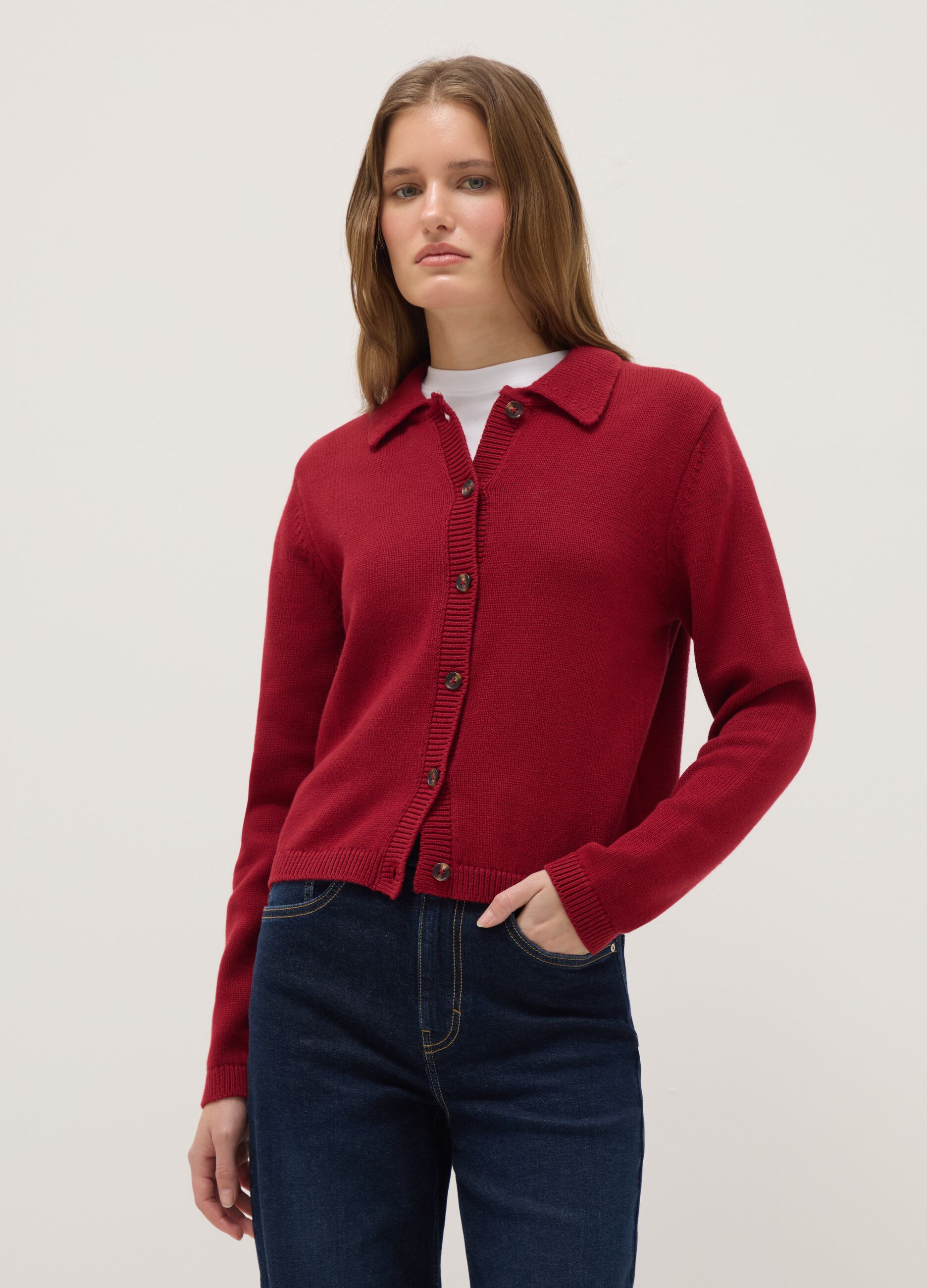 Red polo neck cardigan in pure cotton regular fit