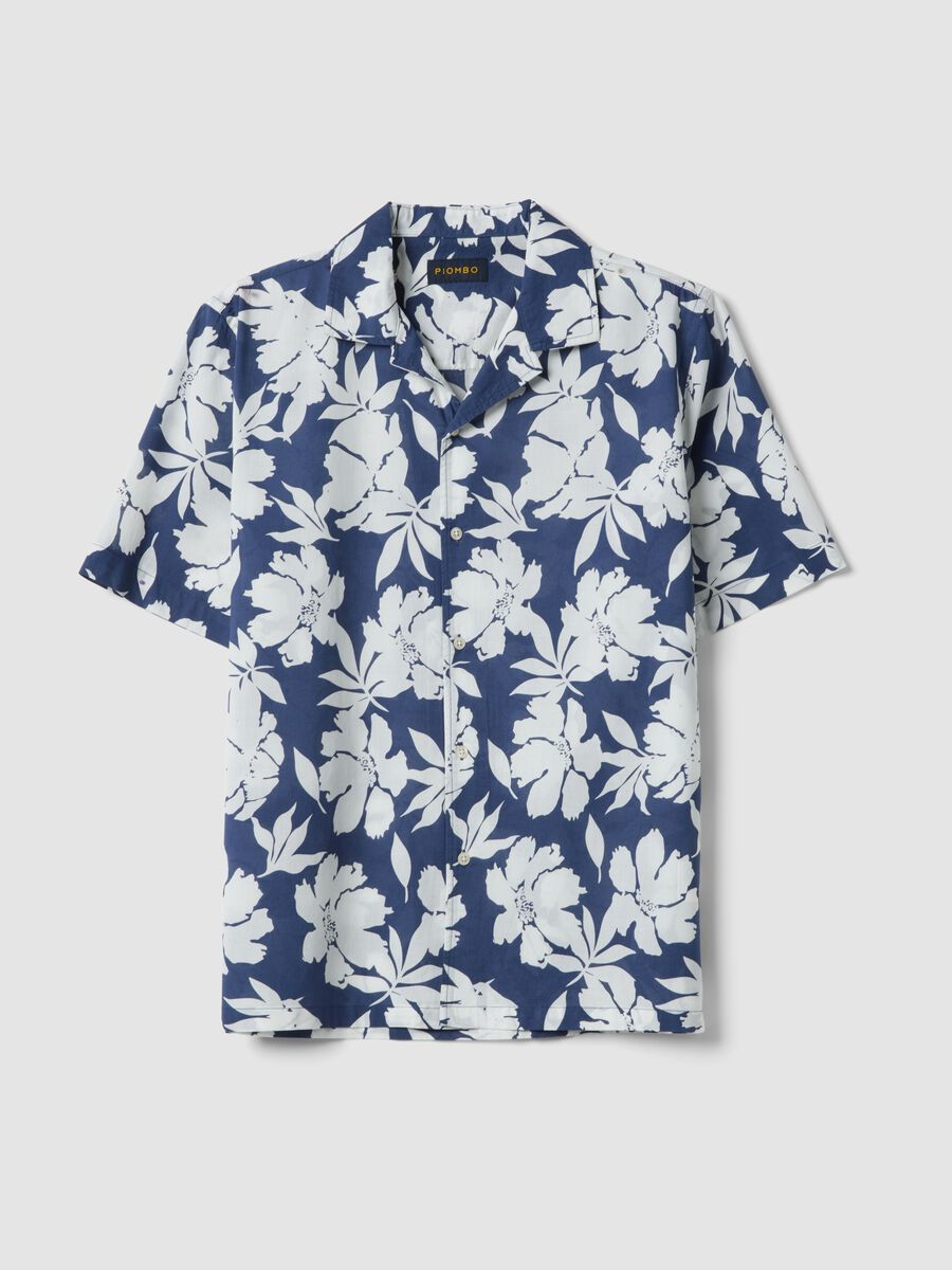 Camicia blu a fiori in cotone organico_0