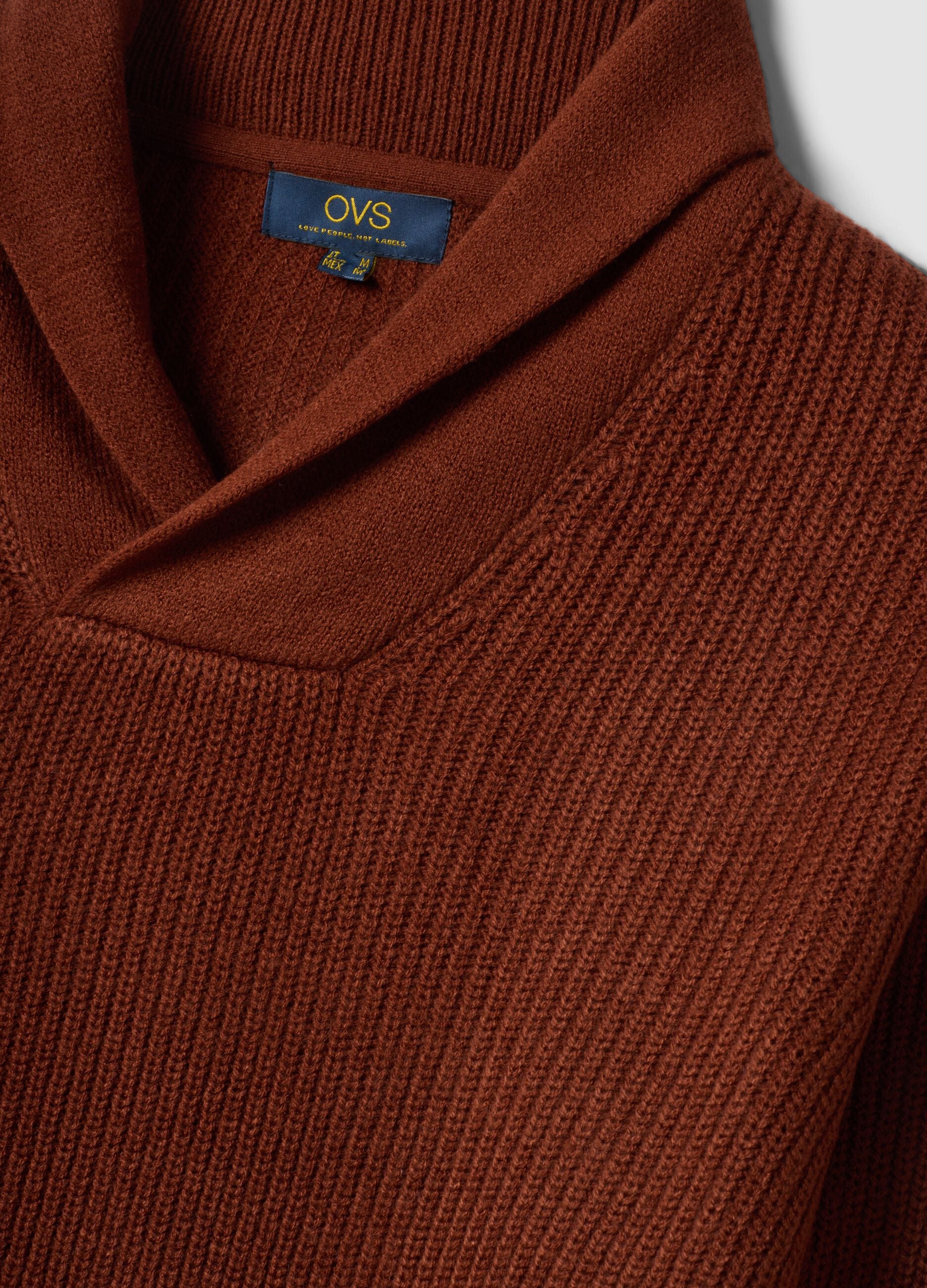 Brown ribbed jumper with shawl collar, regular fit