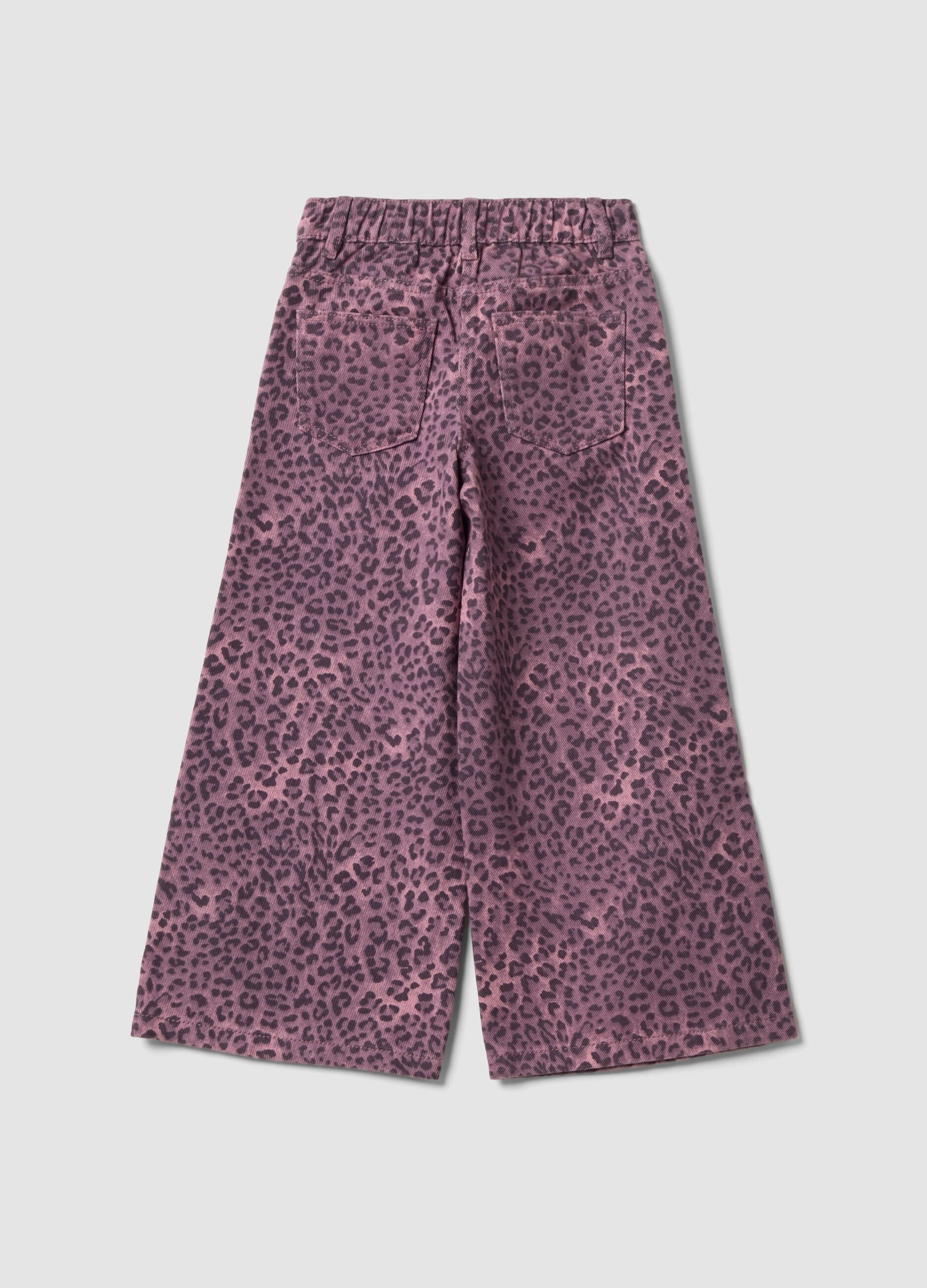 Pantaloni viola wide leg in puro cotone con fantasia animalier per bambina